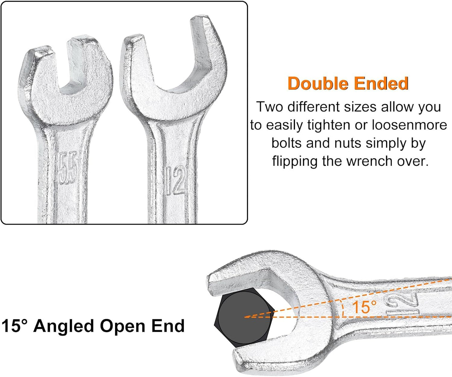 HARFINGTON Double Open End Wrench 12mm x 15mm Metric 15 Degree Offset Angle Small Flat Head Wrench Galvanizing Open Ended Spanner for Automotive Repair Furniture Assembly