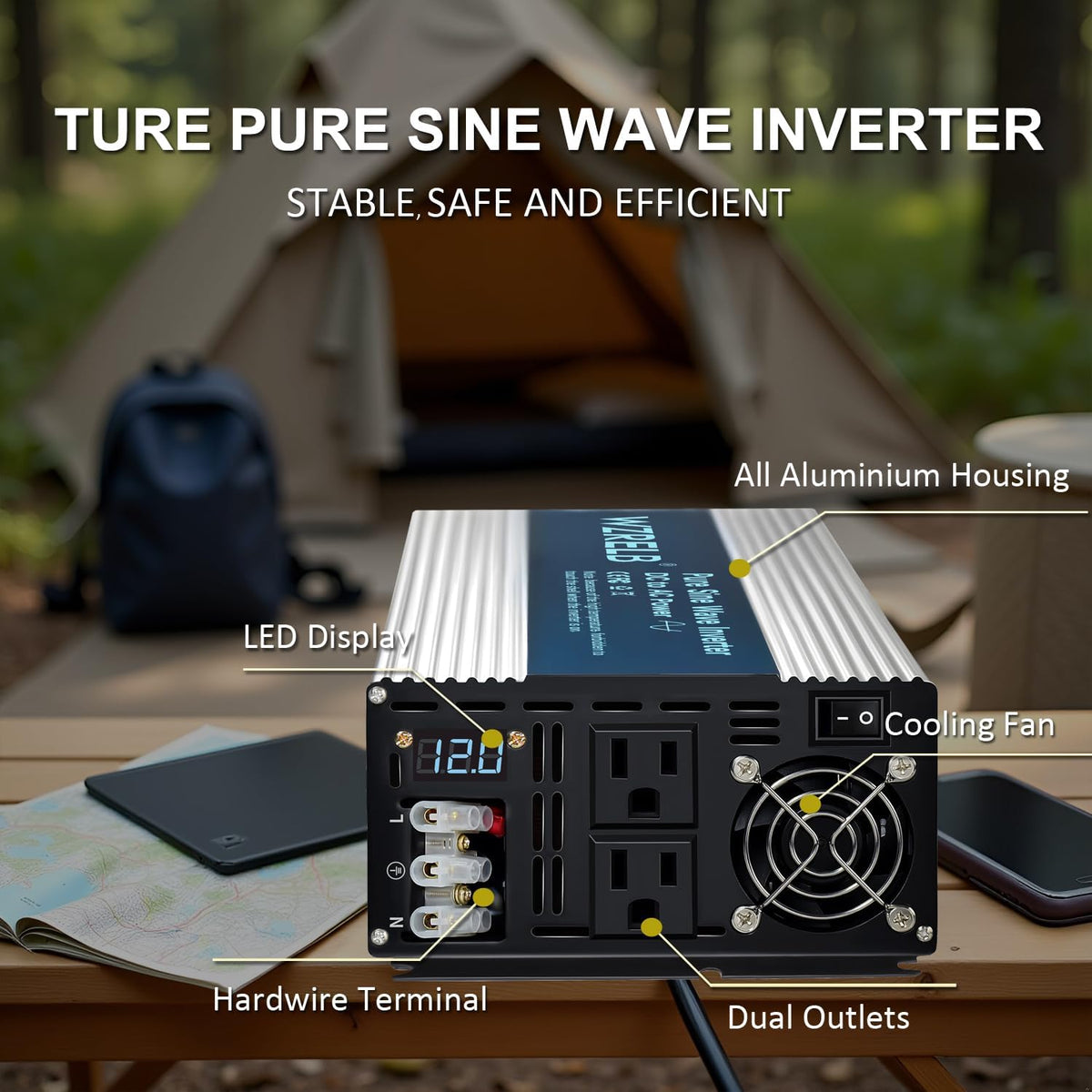 WZRELB 4000W Pure Sine Wave Inverter, Car Power Inverter 12V DC to 110V 120V AC Converter for RV, Truck, Solar, Outdoor with Dual AC Outlets, Hardwire Port, Surge 8000W, LED Display,Off-Grid