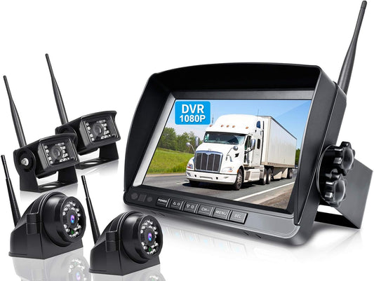 9" Wireless Backup Camera System for RV Truck Trailer Camper, 9 Inch DVR Quad Split Monitor IP69 Waterproof HD 1080P Wireless Rear Side View Cameras, Stable Signal Observation System - B904