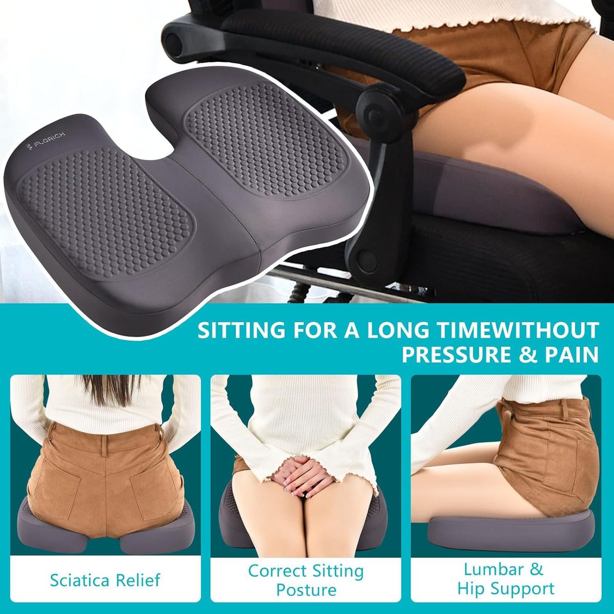 FLORICH Car Seat Cushion and Back Support for Office Chair Memory Foam Chair Cushions Pressure Relief Seat Pads with Gel Massage Point Lumbar Support(Grey)