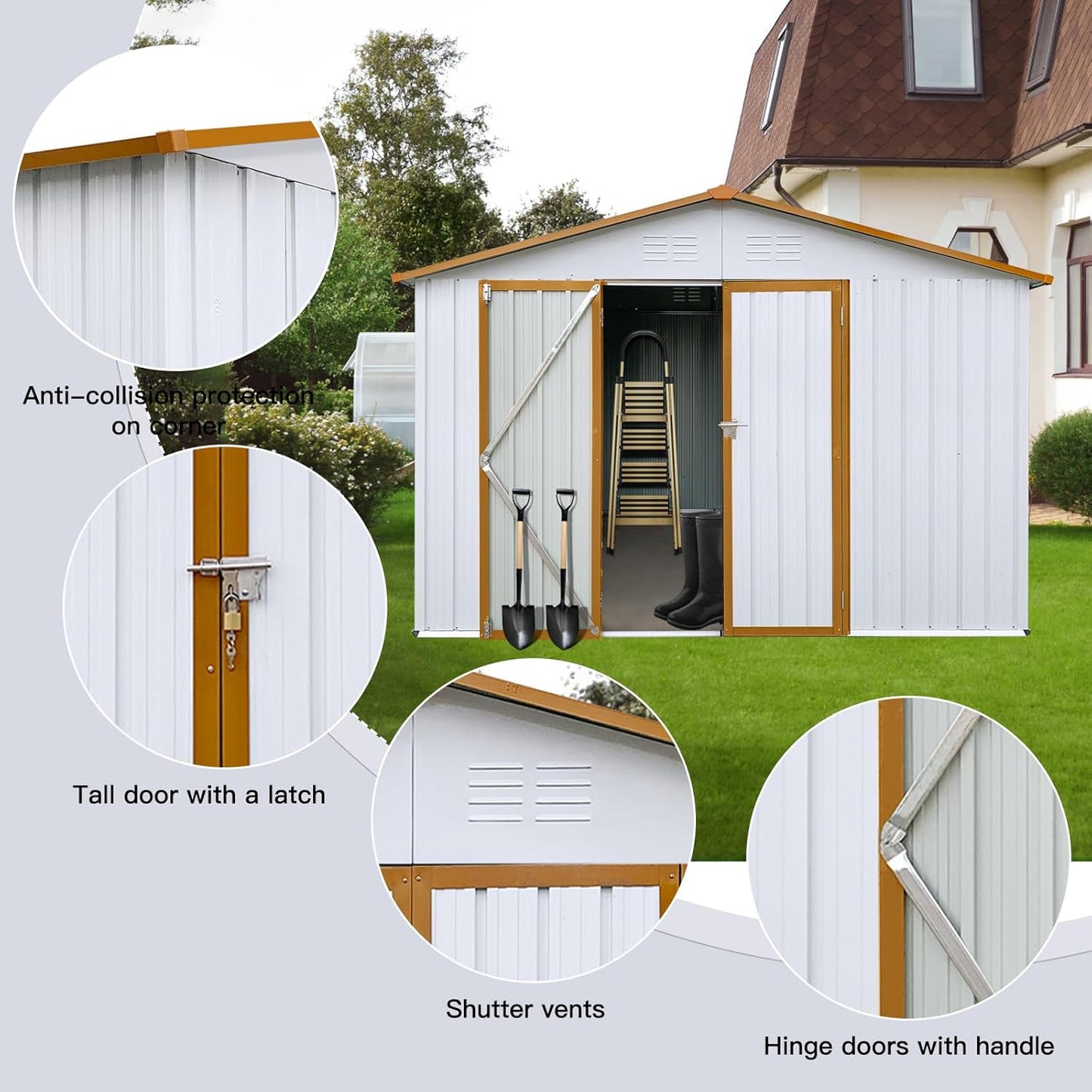 12 x 10 FT Metal Garden Shed, Outdoor Storage Shed with Heavy-Duty Steel Construction, Built-in Punched Vents & Hinged Door, Free Padlock for Secure Backyard, Patio & Garage Storage, White + Yellow