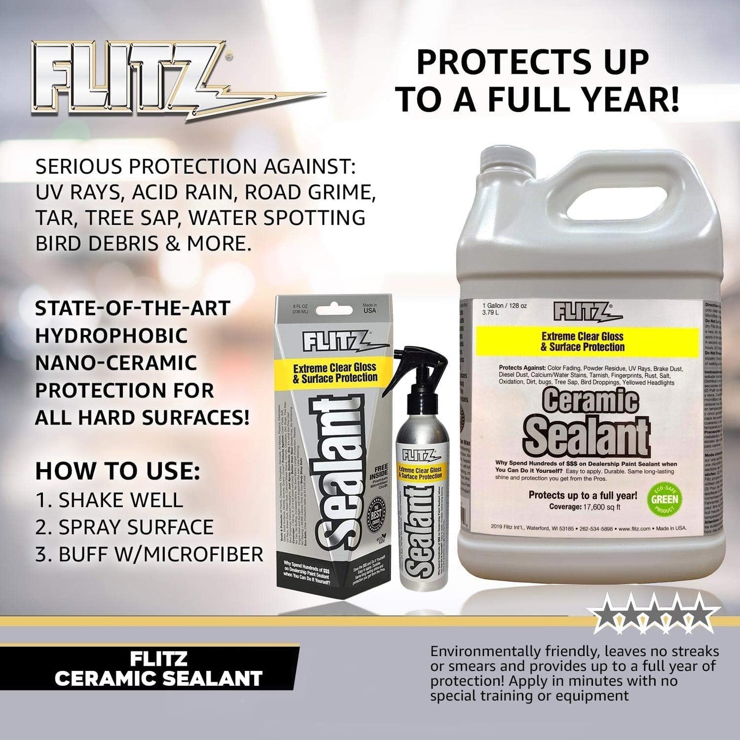 Flitz Ceramic Sealant - 8oz Bottle of USA-Made Ceramic Coating for Cars, Boats, Glass - Repels Water, Polishes, and Protects for 1 Year - Ceramic Car Spray (6 Pack)