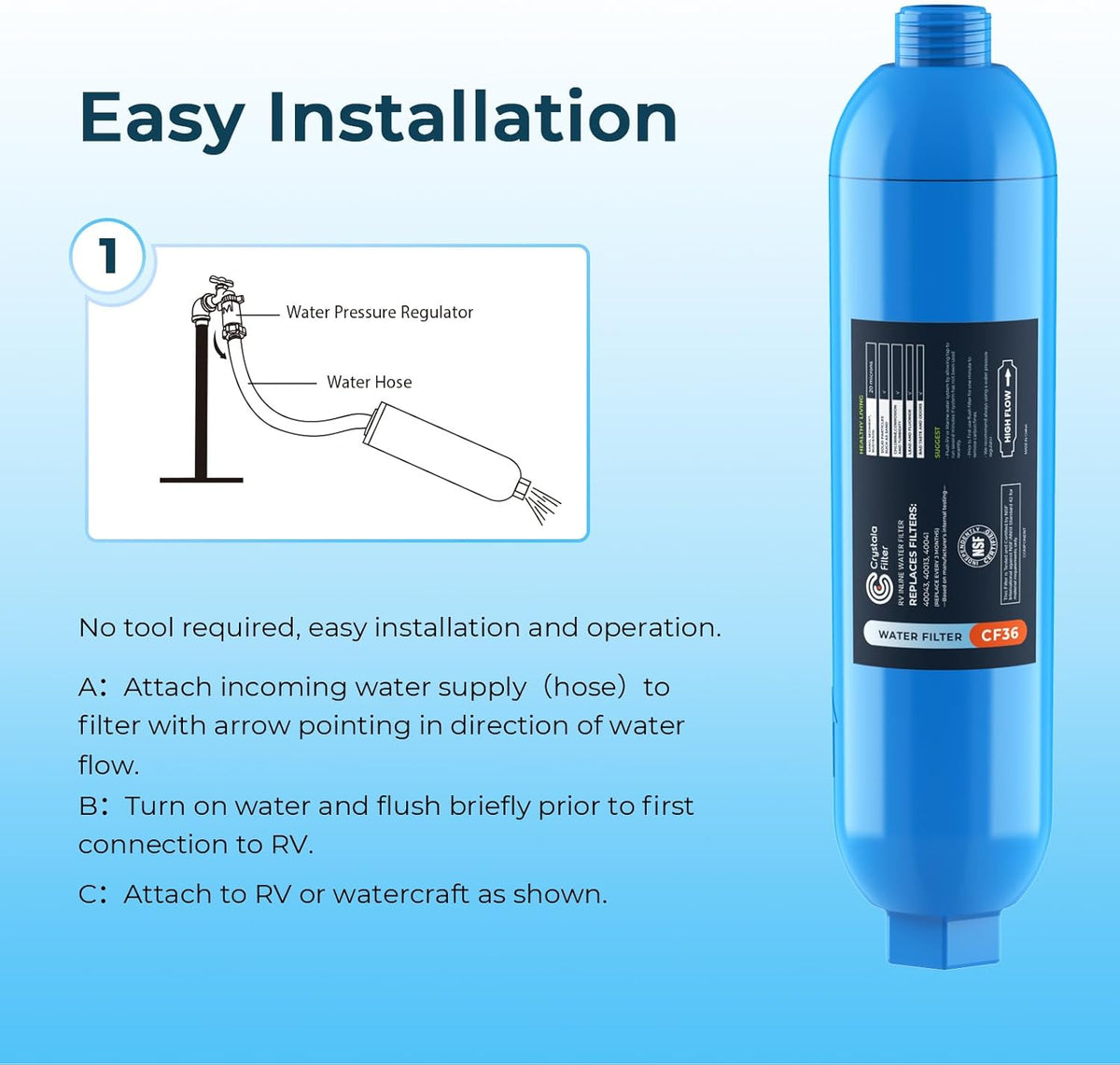 CRYSTALA RV/Camper Water Filter, Inline Water Filter Effectively Reduces Bad Taste, Odors, Chlorine and Sediment for RVs and Marines, 3 Pack Filter with 2 Flexible Hose Protector