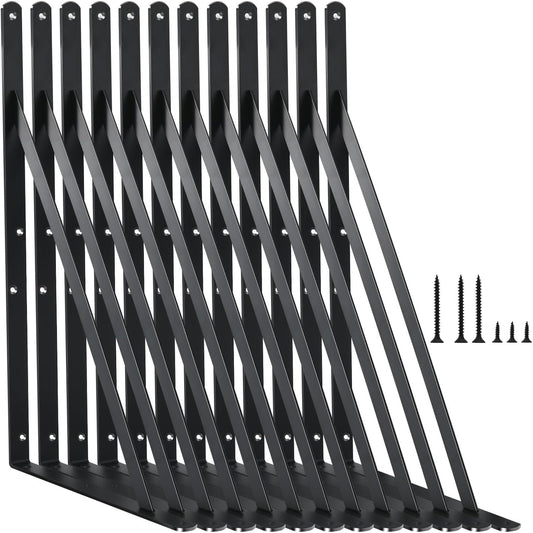 12 Pack L16 x H 10" Black Heavy Duty Shelf Brackets with Screws Metal Shelf Brackets Shelf Support Angle Brackets for Shelves L Brackets Heavy Duty Floating Shelf