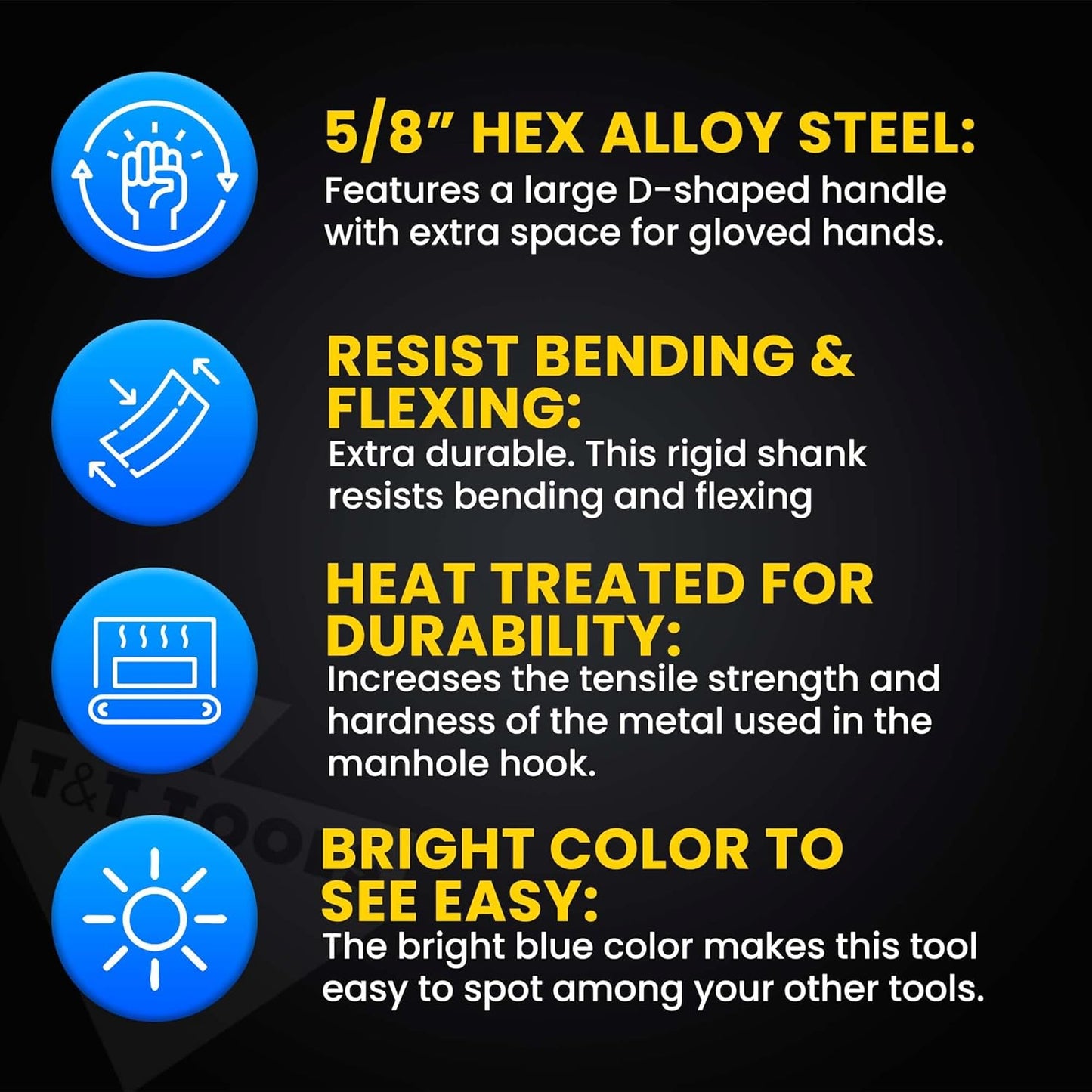 T&T Tools 30-Inch Manhole Hook Tool - Heavy Duty Single Hook for Lifting Manhole Covers, Storm Drains, Septic Tank Risers - Rigid Hex Alloy Steel Tool for Lifting, Pulling, and Removing Covers-4 Pack