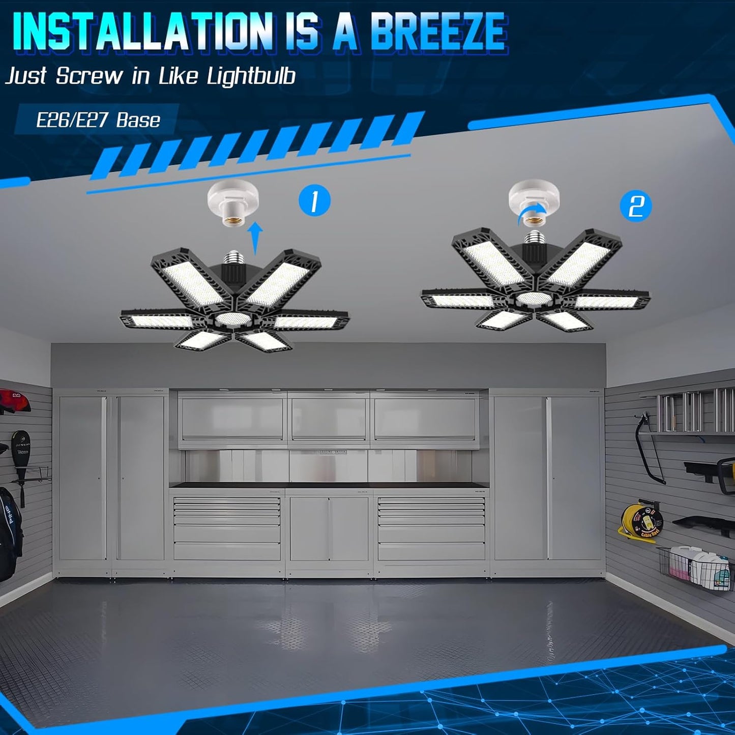 ISKYDRAW Garage Lights - 4 Pack 200W Garage Lights Bulb Bright 20000LM 6500K Garage Light Ceiling LED with 6 Deformable Panels, E26 E27 Socket Screw in Shop Lighting for Basement Barn Attic