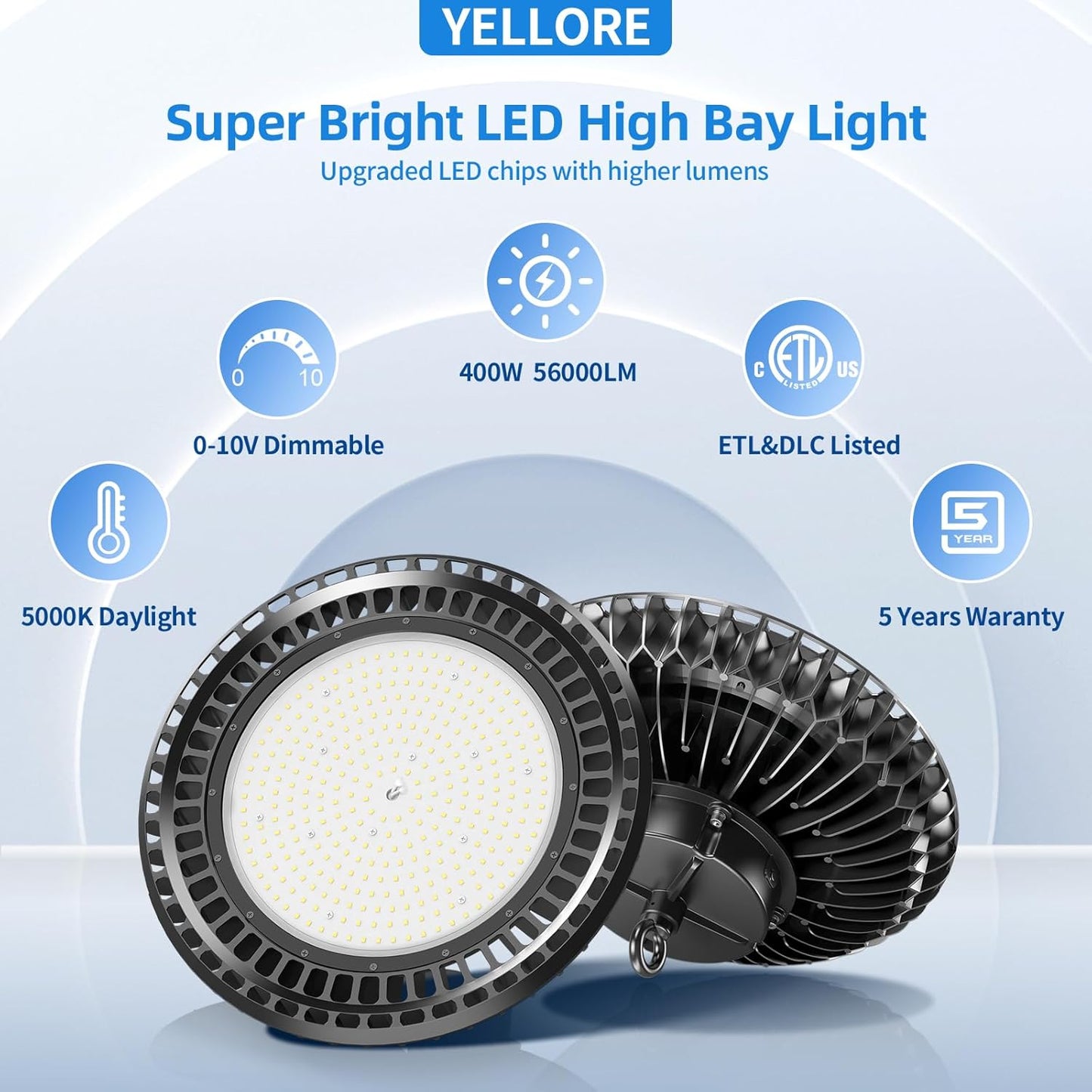 3 Pack 400W LED High Bay Light 56000LM 5000K 120VAC UFO Light IP65 Waterproof Dimmable Commercial Bay Lighting for Workshop|Garage|Factory -ETL&DLC Listed