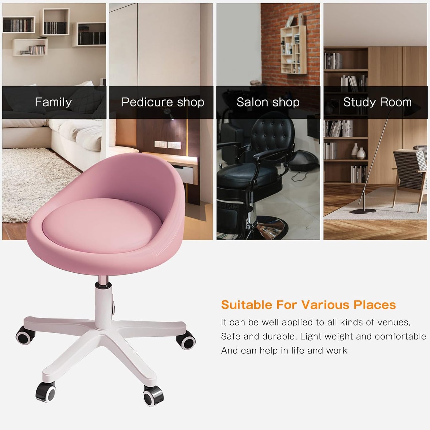 Rolling Stool Set of 3 Rolling Hydraulic Salon Stool with Low Backrest - Adjustable Swivel Chair for SPA, Shop, Salon, Massage, or Medical Office Pink