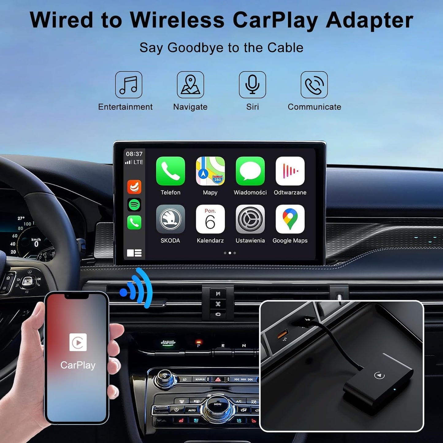 Wireless CarPlay Adapter, 2024 Upgrade CarPlay Wireless Adapter for OEM Wired CarPlay Cars, Fastest and Most Stylish Dongle, Convert OEM Wired to Wireless CarPlay, Plug & Play
