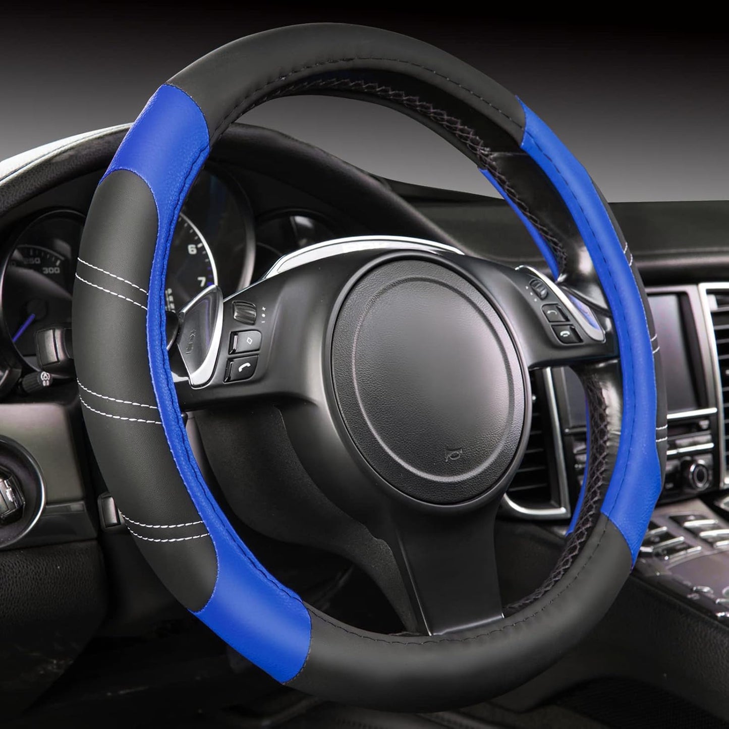 CAR PASS Line Rider Microfiber 14 Inch Leather Sporty Steering Wheel Cover Universal Fits for Truck,SUV,Cars, Anti-Slip Safety Comfortable Desgin (Black-Blue)