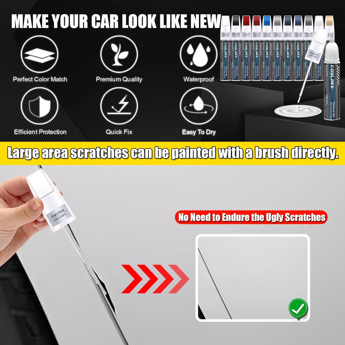 Car Touch Up Paint(Bright White(PW7/GW7)) for Dodge Ram, Car Paint Scratch Repair Kit, Quick & Easy Solution to Repair, 2 in 1 Scratch Remover Pen with 2PCS Disposable Micro Applicators