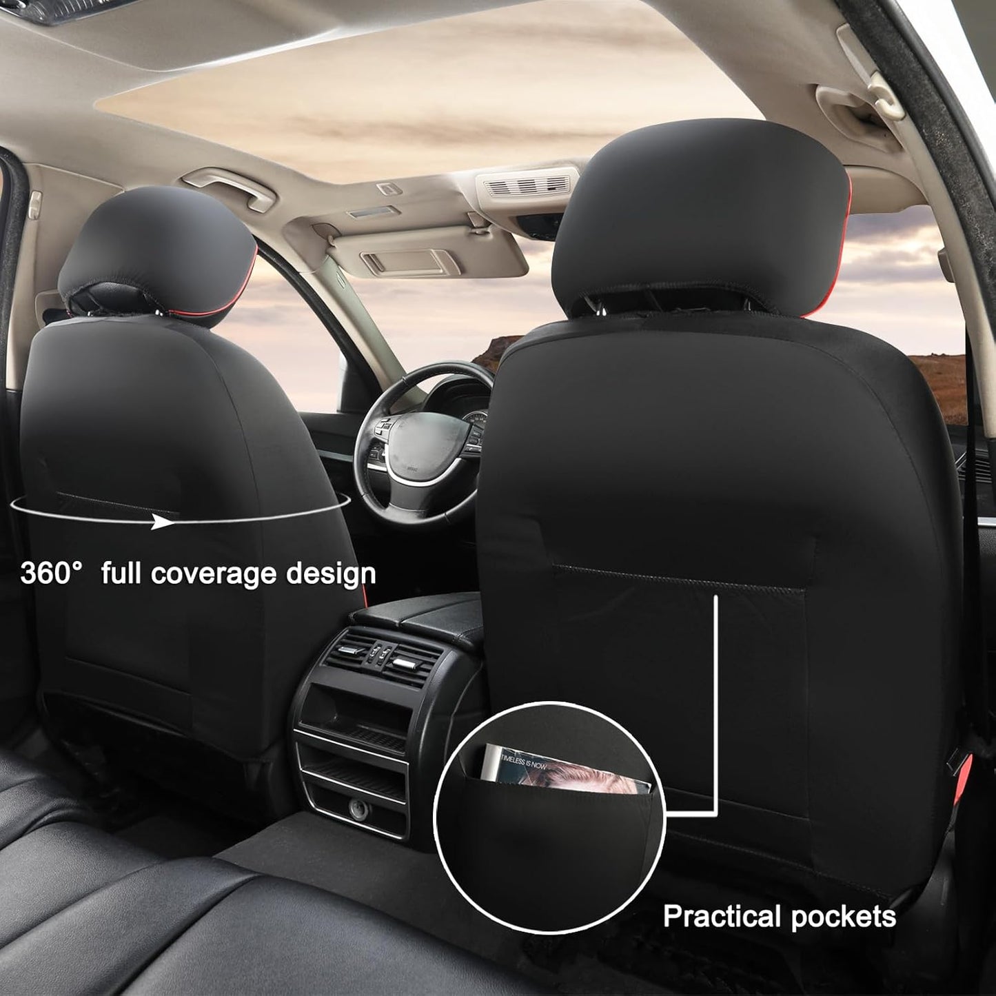 GIANT PANDA 2 Front Leather Car Seat Cover for Hyundai,3D Air Cool Mesh Thick Seat Covers Custom Fit Hyundai Sonata Elantra Santa Fe Tucson Accent Kona Palisade Genesis Venue Ioniq (Red+Black)