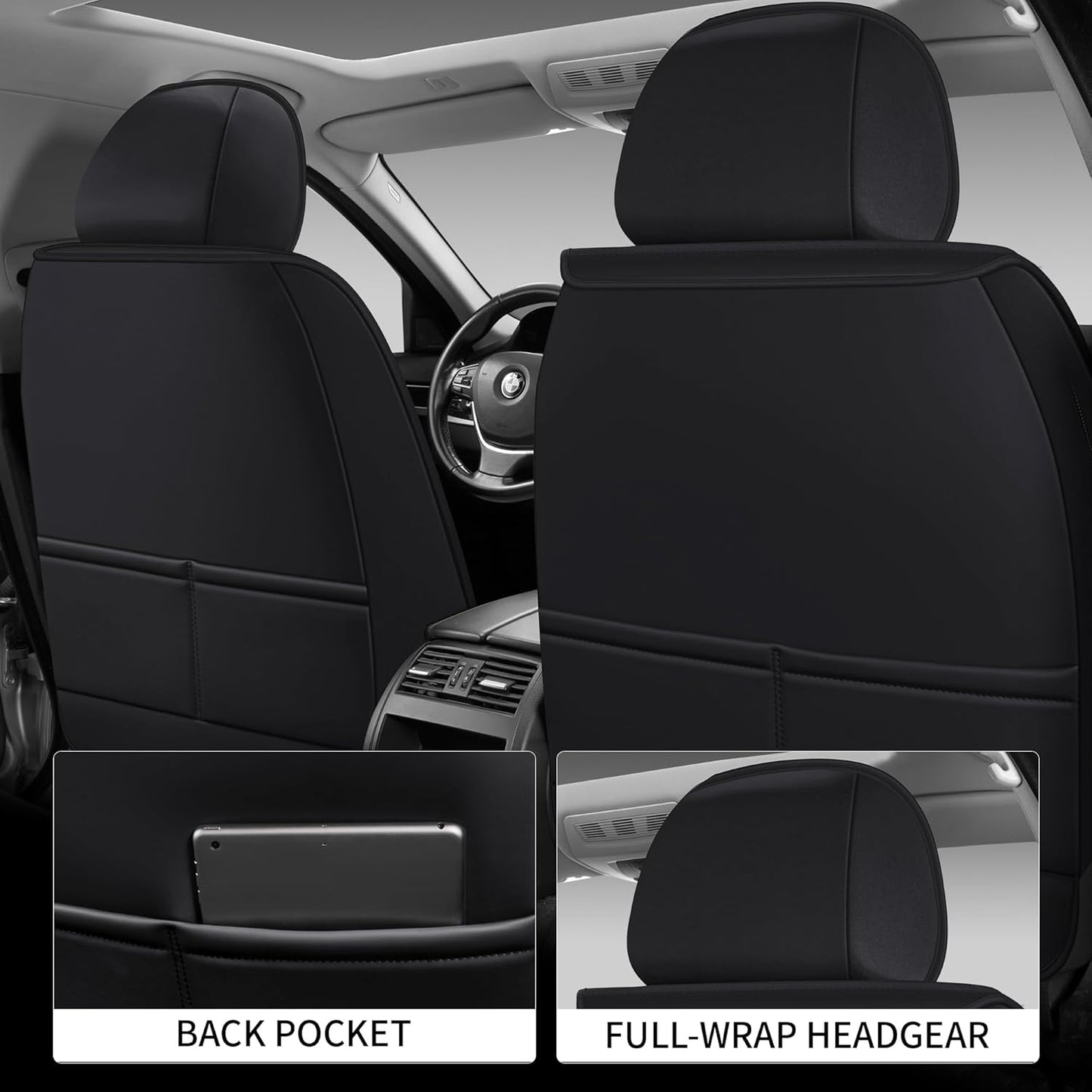 Car Seat Covers Front Only, Black Seat Cover for Cars Compatible Airbag, Easy Install Luxury Leather Automotive Seat Covers with Lumbar Support, for Car, Truck, SUV, Grey