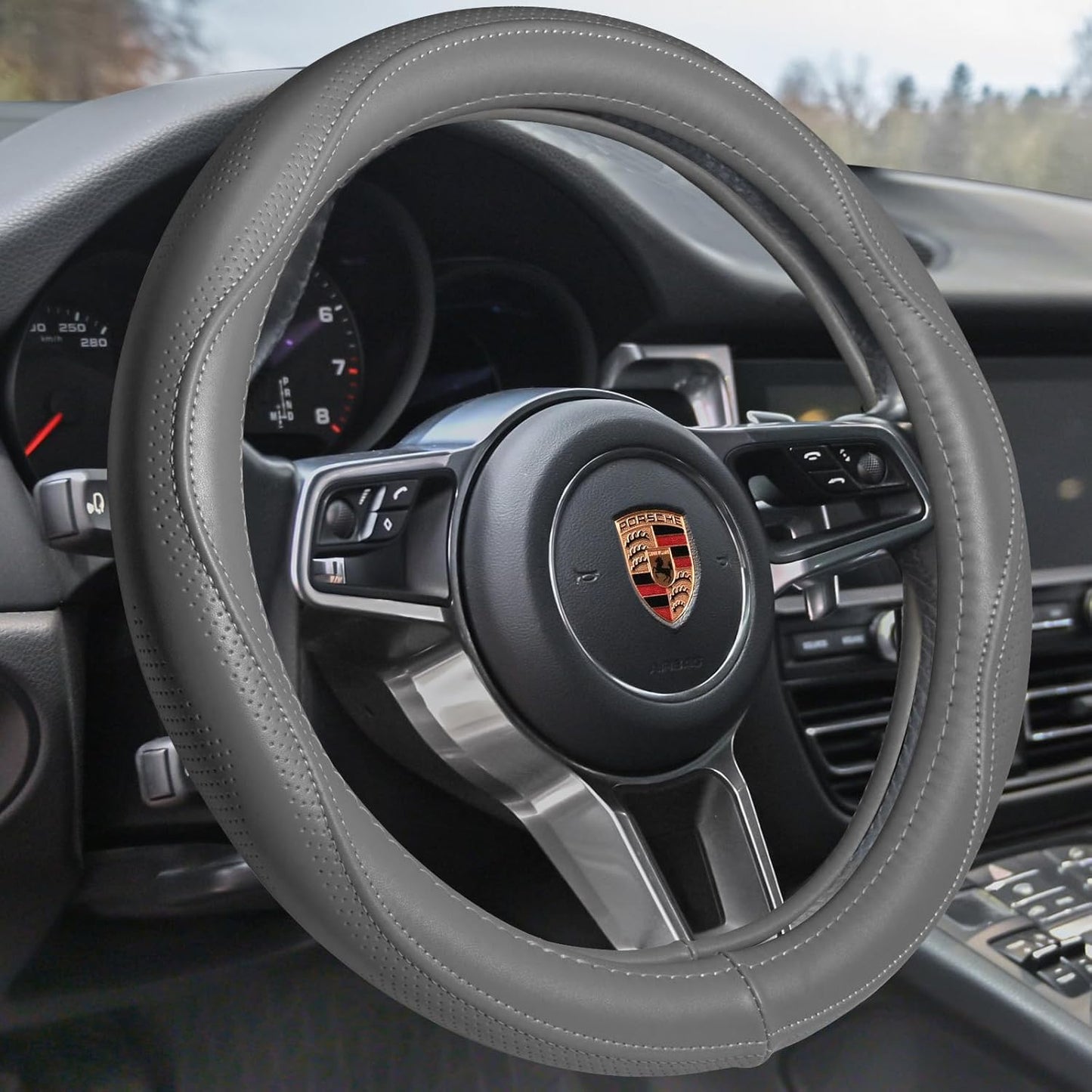 HAOKAY Top Grade Gray Genuine Leather Steering Wheel Cover Men Women, Luxury Steering Wheel Cover for Cars, SUVS and Trucks, Universal 14.5-15 inch