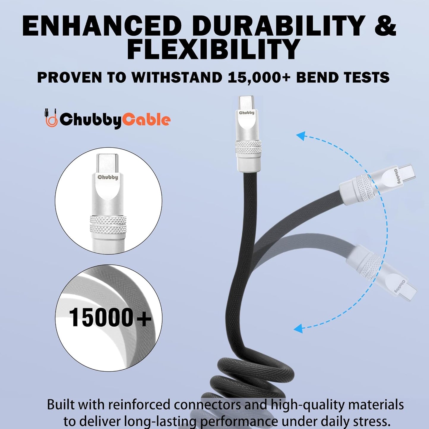 chubbycable Curly Chubby - Retractable Fast Charging Cable 240W Coiled Charger Cord for Car Durable USB-C Cable for Phones, Tablets and More, Dark Blue, Type-C to Type-C, 1.3FT-2.3FT