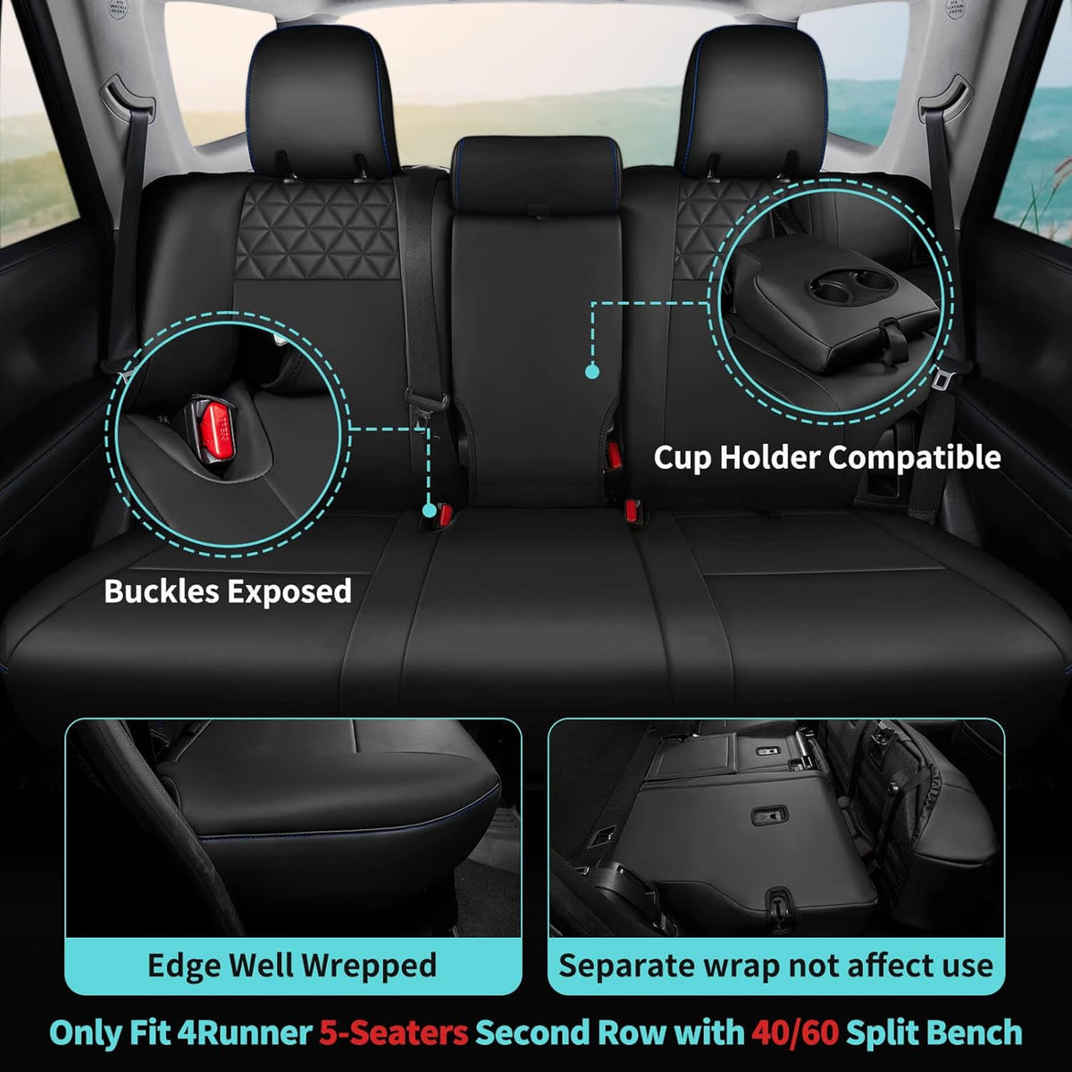 Seat Covers for Toyota 4Runner 2011-2024, Faux Leather Car Seat Cover Full Set, 2-Row-Only for 5 Seats Version-BlackBlue