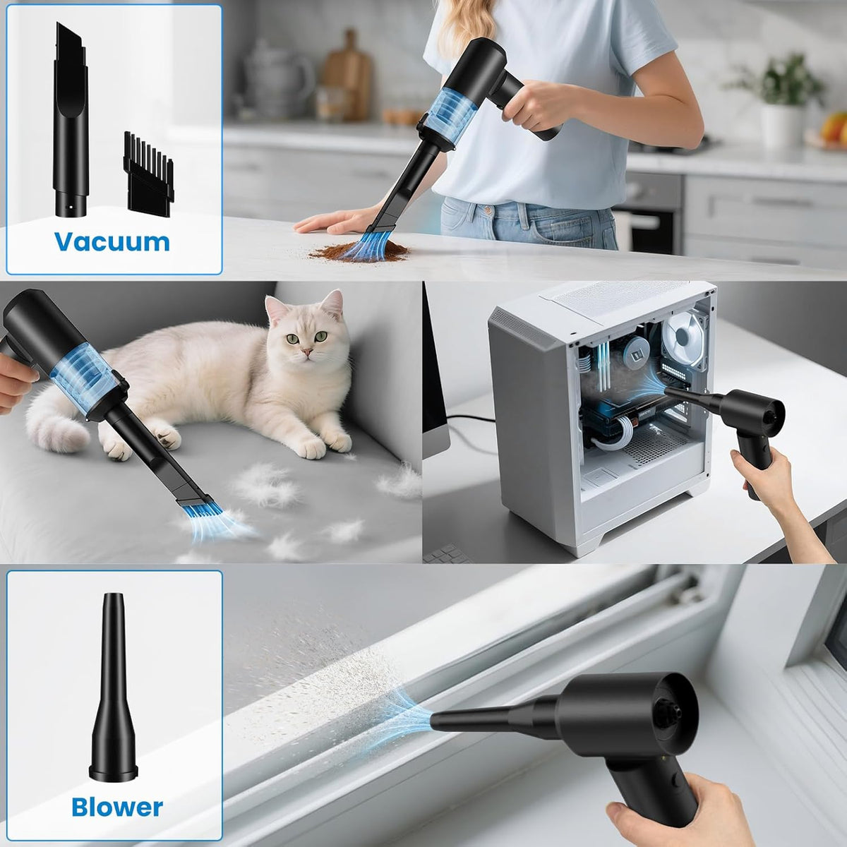 90° Foldable Car Vacuum Portable Cordless 16000PA, 4-in-1 Mini Vacuum Cleaner with Brushless Motor, Handheld Vacuum Cordless Blower/Pump for Car, Home,Office