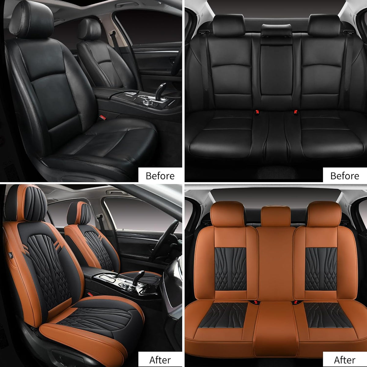 Leather Car Seat Covers,Car Seat Protector Waterproof,Seat Covers Full Set, Car Seat Protectors 5 Seats,Automotive Seat Covers Fit Most Cars Black&Brown