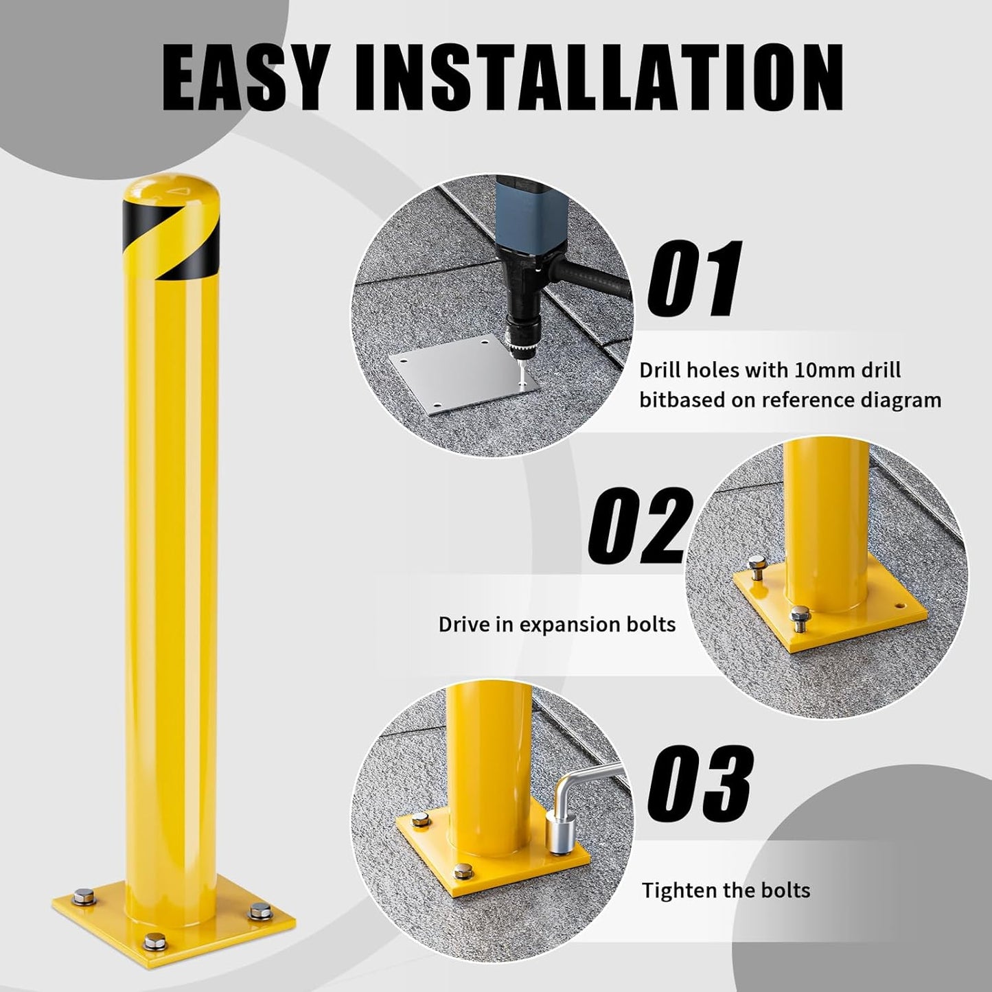 Safety Bollard Post, 48 Inch Height Steel Bollards, 4.5 Inch Diameter Parking Bollard, Yellow Powder Coated Safety Parking Barrier Post, for Traffic Sensitive Areas,3P