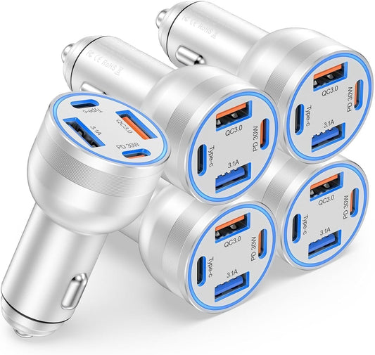 65W Car Phone Charger USB C, 5 Pack 4-Port Cigarette Lighter Adapter, 12V USB C Fast Car Charger Type C Car Adapter, Car Accessories for iPhone 16E 16 15 14 13 12 Pro Max,Galaxy,Pixel,iPad,Android