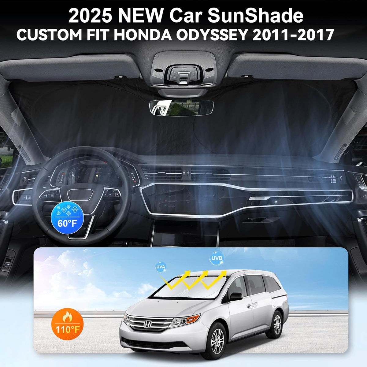 Custom Fit Odyssey Windshield Sunshade for 2011-2016 2017 Honda Odyssey LX EX EX-L Touring Elite Accessories Front Window Shades Cover for Windshield Sun Visor Protector 210T Reflective Block UV Rays