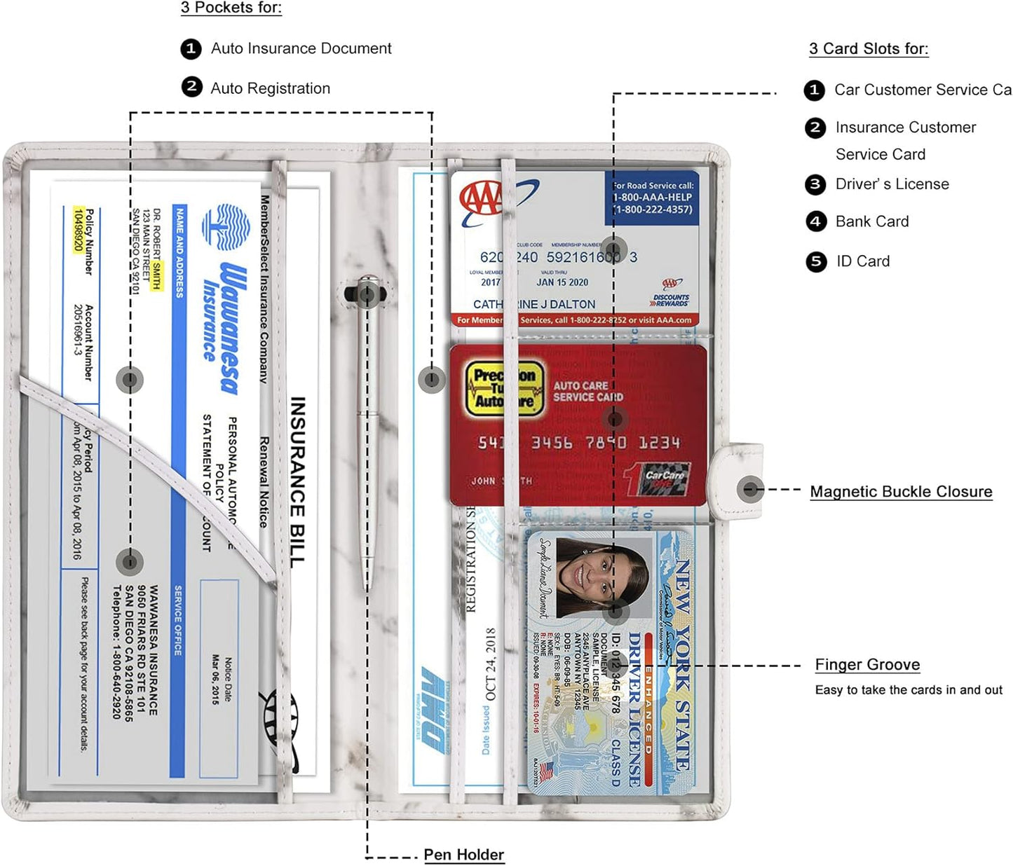 TOURSUIT Car Registration and Insurance Card Holder, Vehicle License Document Glove Box Compartment Organizer, Interior Car Accessories for Women Men Teens (Marble Grey)