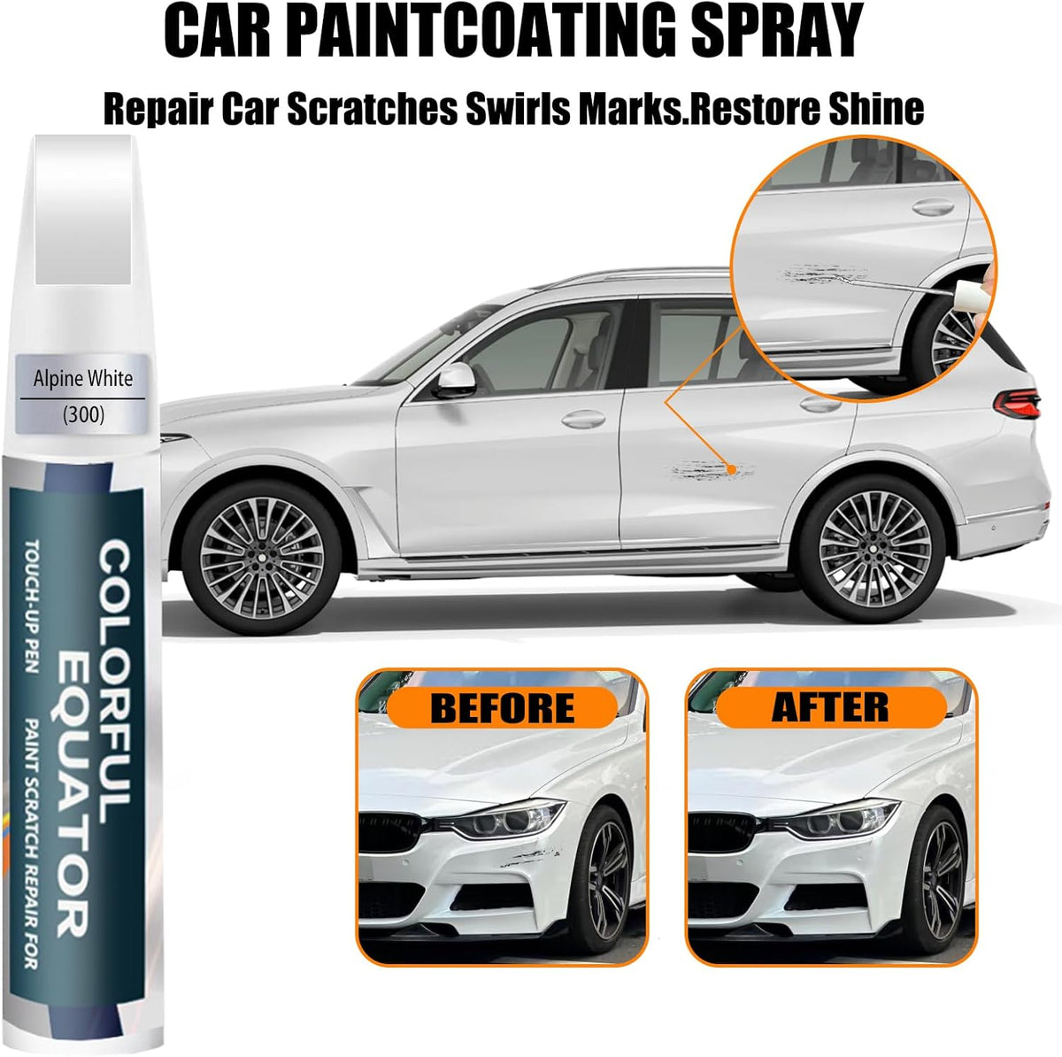 Alpine White(300) Touch Up Paint for BMW, Car Paint Pen Scratch Repair Two-In-One Touch Up Paint, Premium Car Scratch Remover for Deep Scratches