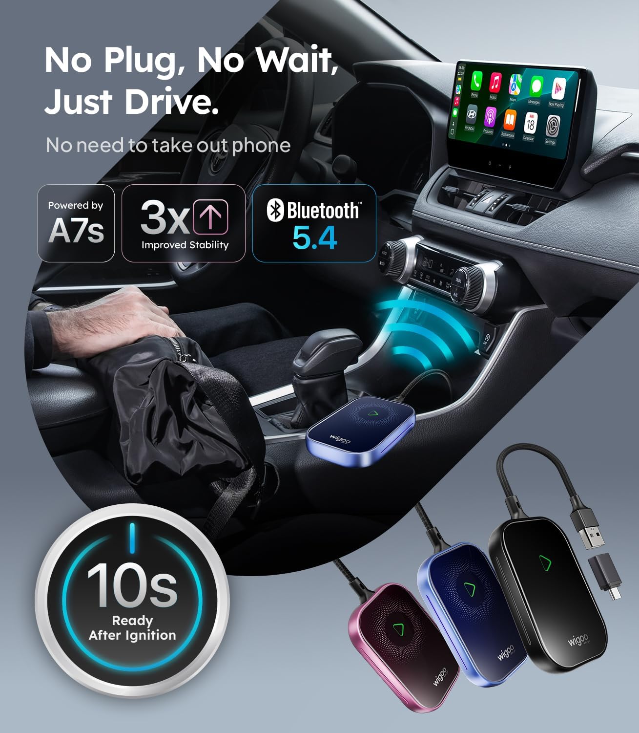 Wigoo 2025 Upgrade Wireless CarPlay Adapter for iPhone [Long-Drive Stability, 10s Connect, Easy Use] Converts Wired to Wireless, Low Delay CarPlay Dongle, Fit for Cars with Wired CarPlay, Pink