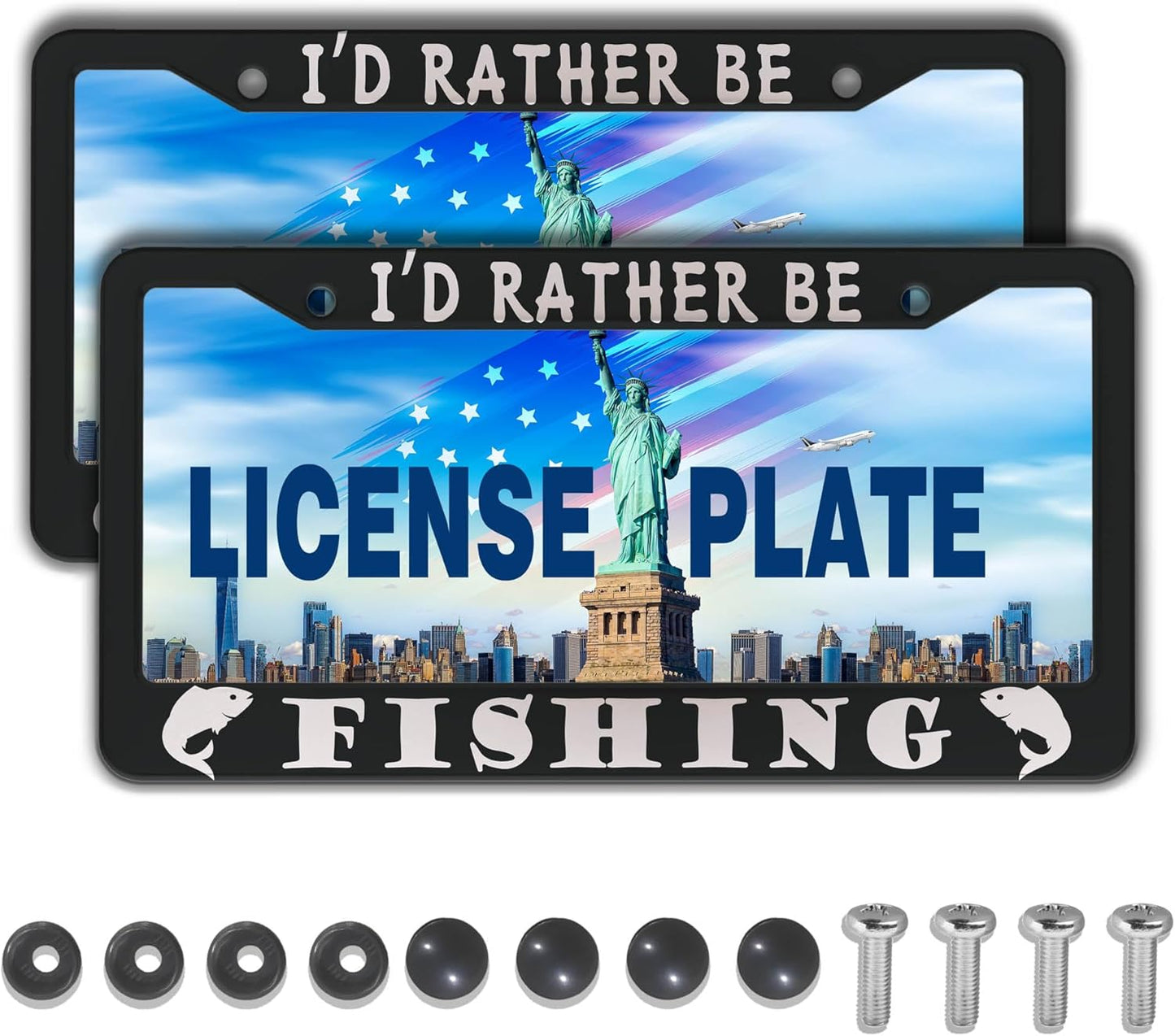 Automotive Exterior Accessories Black and White License Plate Frames I'd Rather Be Fishing Universal Aluminum Car Accessory 2 Pack with Screw Covers Set