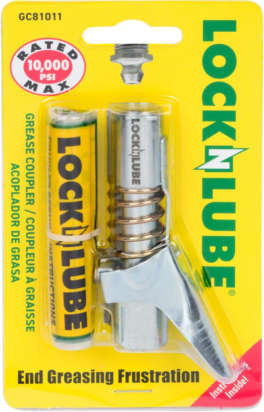 LockNLube Grease Gun Coupler locks onto Zerk fittings. Grease goes in, not on the machine. World's best-selling original locking grease coupler. Rated 10,000 PSI. Long-lasting rebuildable tool.