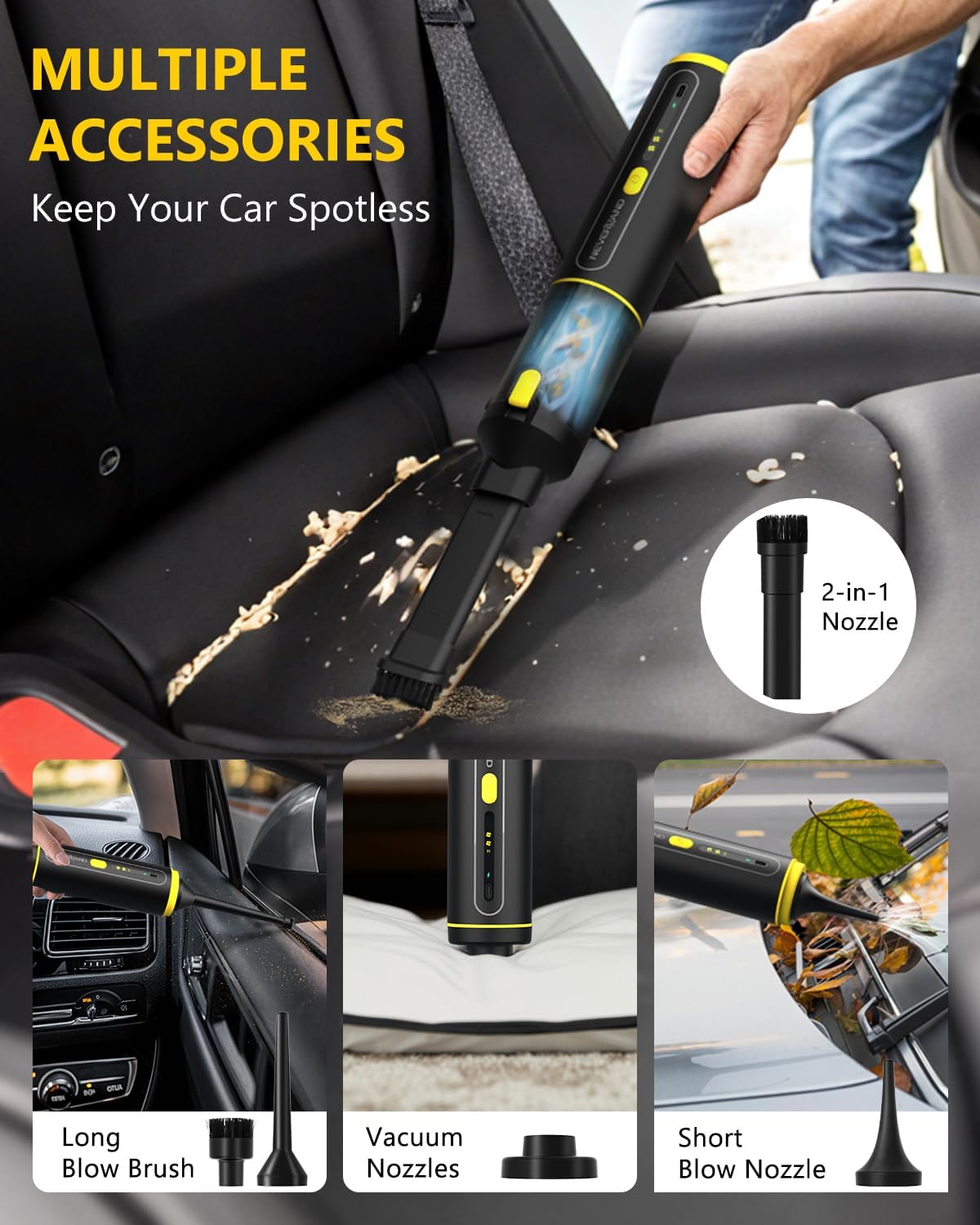 NEVERLAND Car Vacuum Portable Cordless - 20000Pa Powerful Suction Handheld Vacuum Cleaner Blowing & Inflating 4-in-1 Mini Vacuum Cleaner for Car, Office Desk, Keyboards