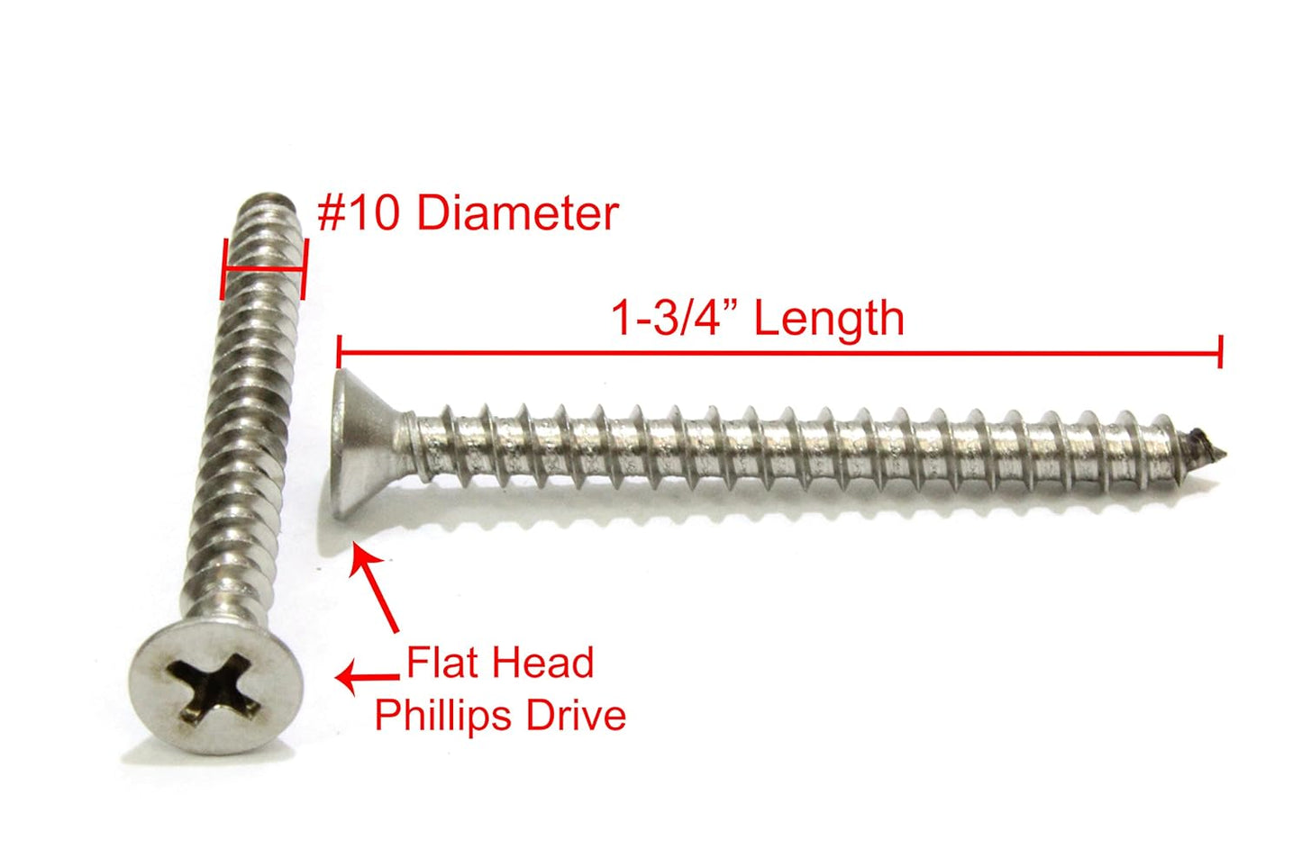 Bolt Dropper #10 X 1-3/4'' Stainless Steel Flat Head Phillips Wood Screw, (100 pc), 18-8 (304) Stainless Steel Sheet Metal Screws- Type A Point, Plain Finish, Threads That Bind