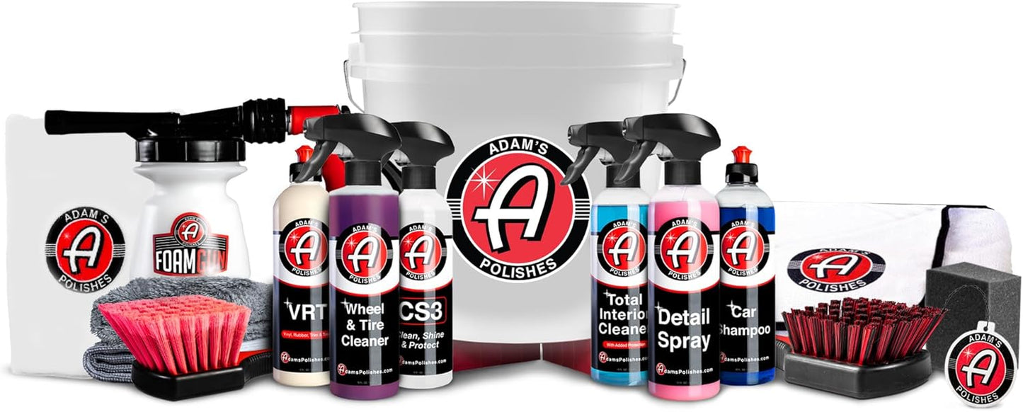Adam's Essential Car Wash Kit (17-Item) - Auto Detailing Car Care Cleaning Kit with Foam Gun & Bucket Car & Truck Lovers, Dads, Moms and DIYers