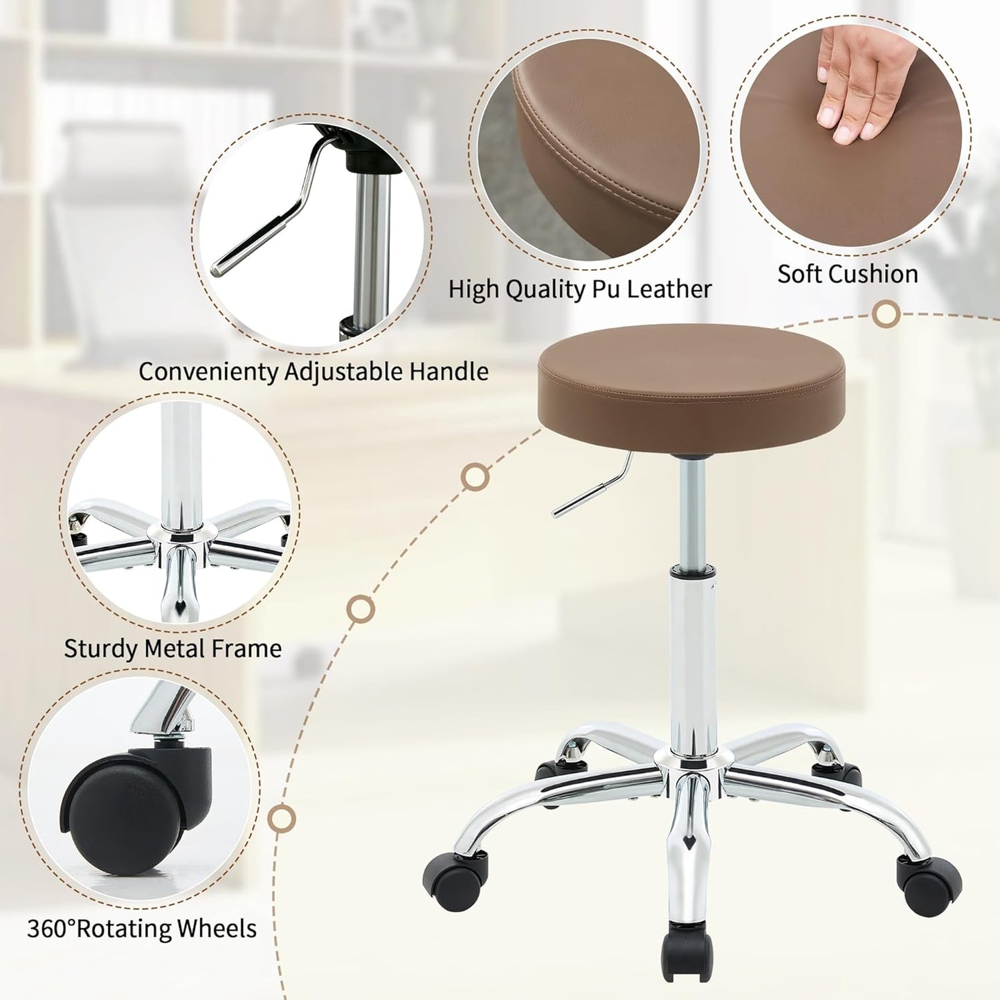 Salon Rolling Chair, Adjustable Stools with Wheels 19.5’’-26.6’’, Coffee Brown Hair Cutting Stool (Coffee Brown)