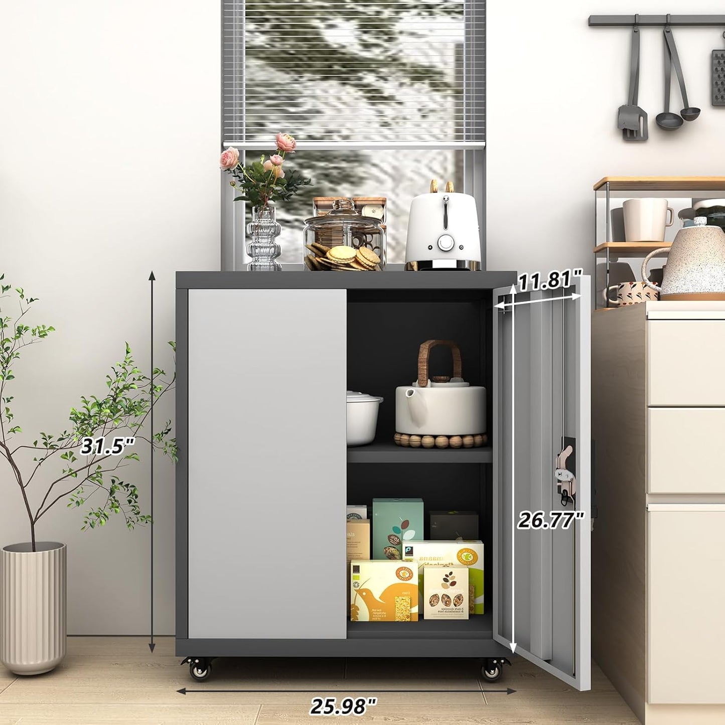 GREATMEET Garage Cabinets with Wheels,Small Storage Cabinet with Doors and Adjustable Shelves，Locking Metal Garage Storage Cabinets for Home Office Utility Room