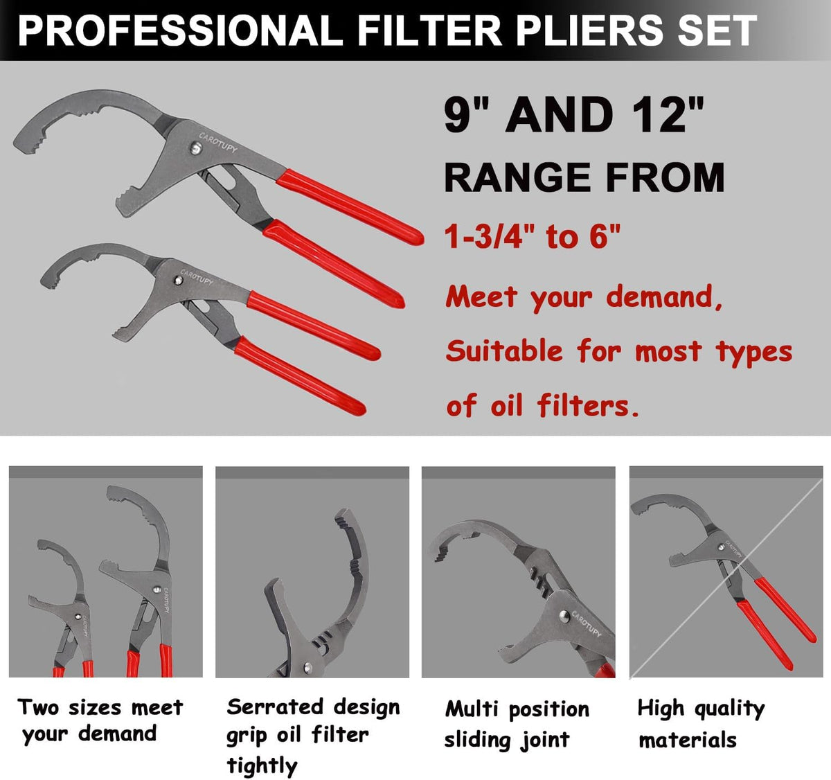 10PCS Oil Filter Wrench Set, 9" & 12" Oil Filter Pliers, 3 Jaw Oil Filter Wrench Tool with Oil Funnel for Oil Change Adjustable From 1-3/4" to 6"