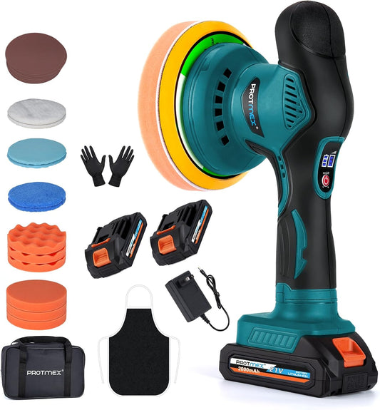 Cordless Car Buffer Polisher w/ 2x2000mAh 21V Batteries, 6 Inch Car buffer Waxer Kit, Car Polishing Machine w/ Extra 18 PCS Attachments & 6 Variable Speed, Car Buffer Polisher for Car Detailing (Blue)