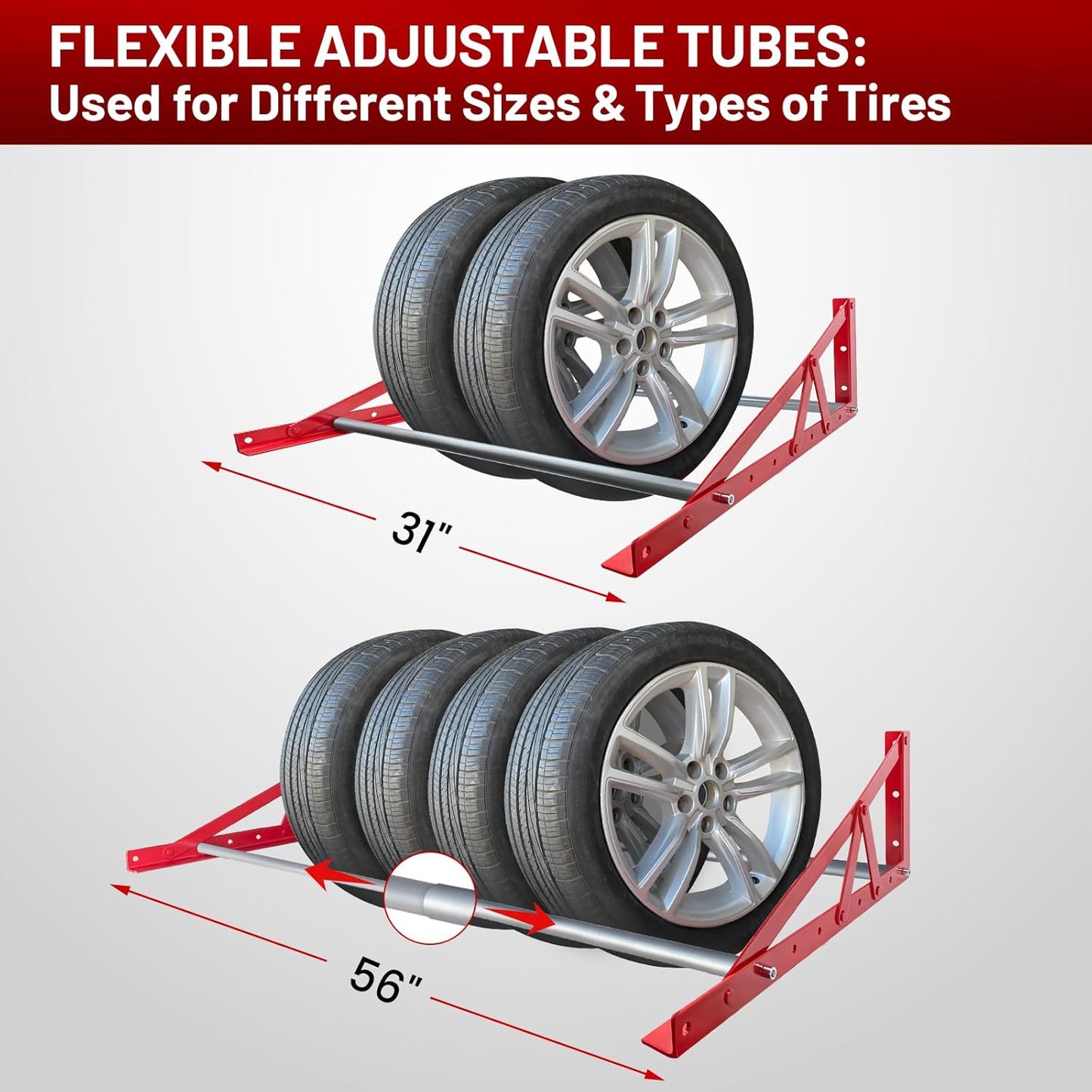 ROBLOCK Adjustable Tire Rack Wall Mount for Garage, Wheel Spare Tire Carriers with Heavy Duty Steel, Adjustable Length(31"-56"), Red
