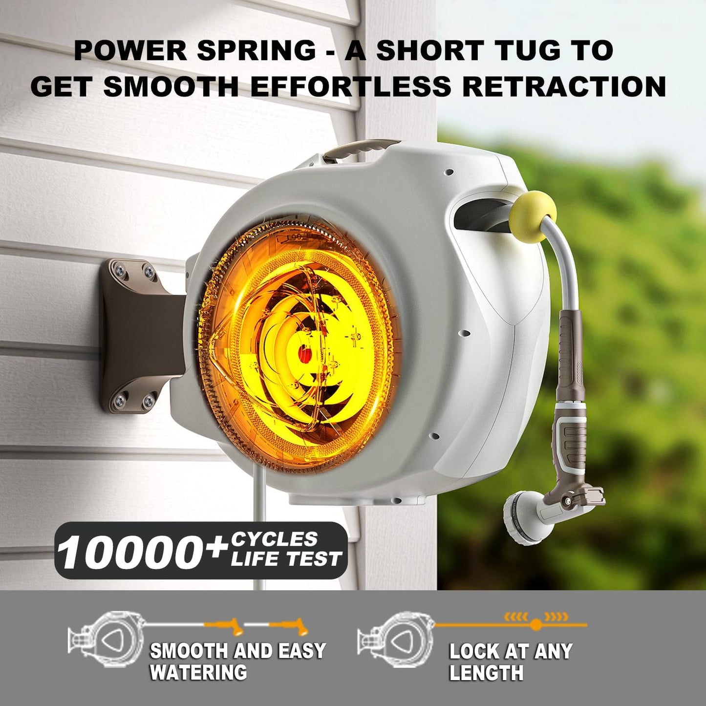Retractable Garden Hose Reel, 5/8 in 65+6 ft, Heavy Duty Wall Mounted Water Hose Reel, Spring Power Automatic Rewind, Any Length Lock, 180° Swivel Bracket, 10 Pattern Spray Nozzle