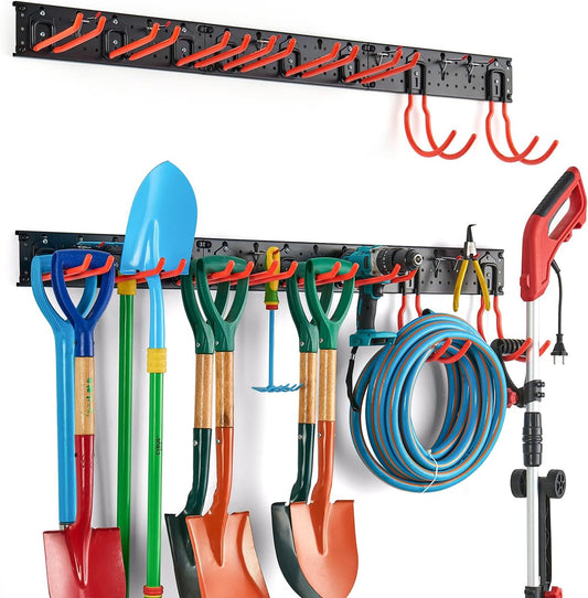 Ultrawall Multi-Storage Garage Hooks, Utility Rack with Multiple Installation Methods, Wall-Mounted Garden Tool Organizer System for Shovels, Rakes, Ladders,17pcs