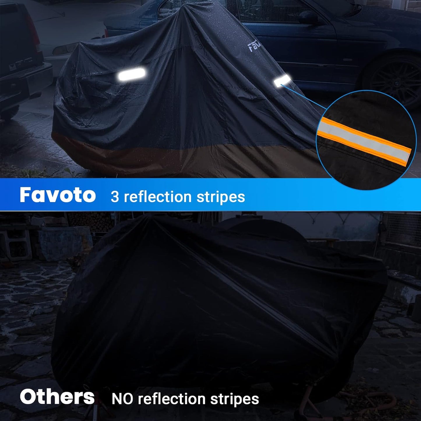 Favoto Motorcycle Cover Waterproof All Season Weather Sun Outdoor Protection Night Reflective with Lock-Holes & Storage Bag Universal Fits up to 86.6" Motorcycles Vehicle Motorbike Cover