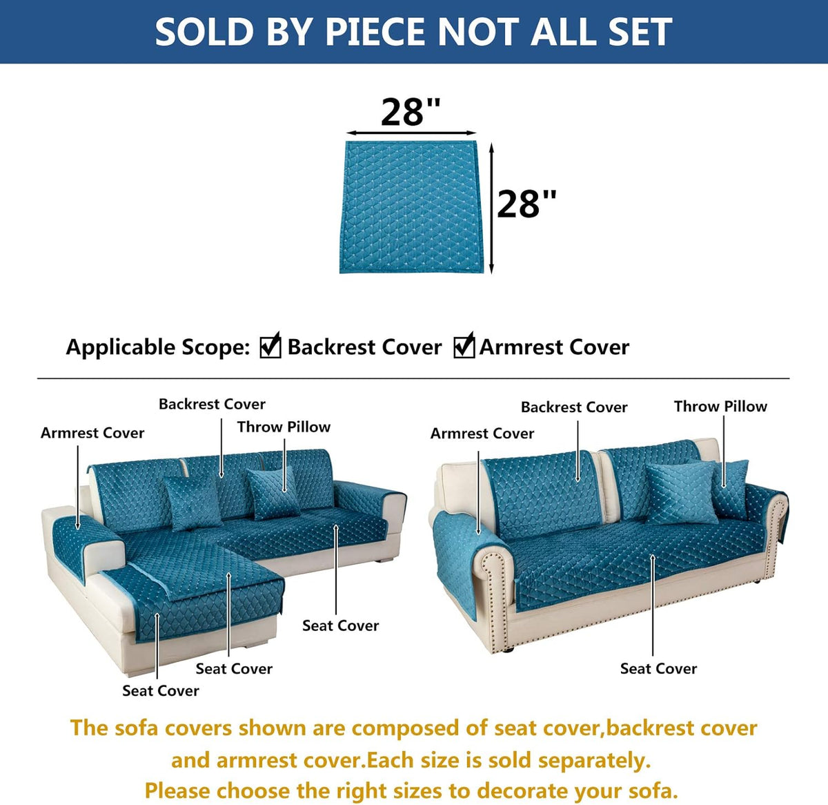 Eismodra Armrest Covers,Couch Cover,Sofa Cover,Backrest Covers,Anti-Slip Armchair Slipcovers for Dogs Cats Pet Loveseat Recliner Leather L Shaped,Blue 28 x 28 Inches (Only 1 Piece)