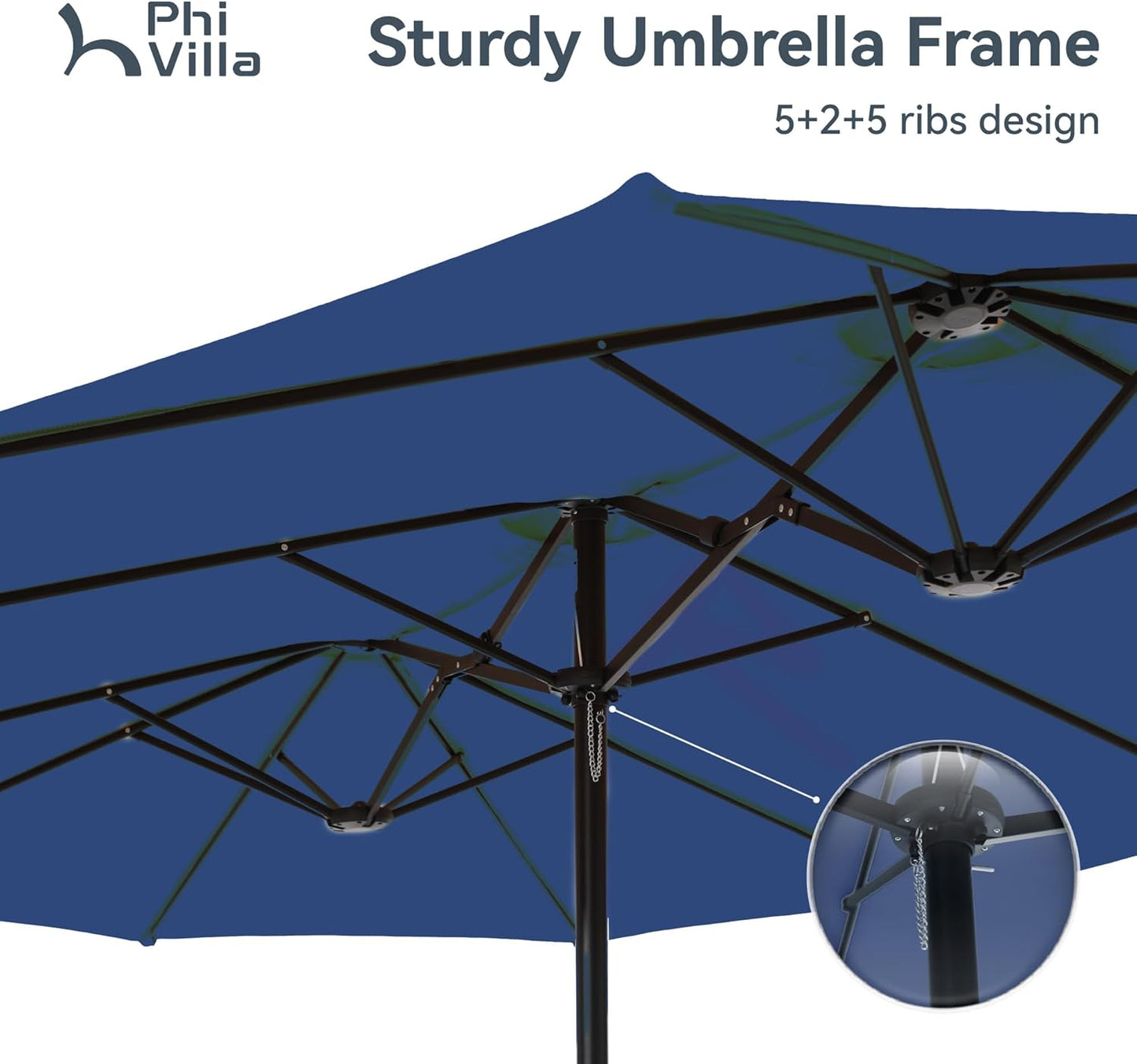 PHI VILLA 15ft Large Patio Umbrellas with Base, Outdoor Double-Sided Rectangle Market Umbrella for Pool Lawn Garden, Haze Blue