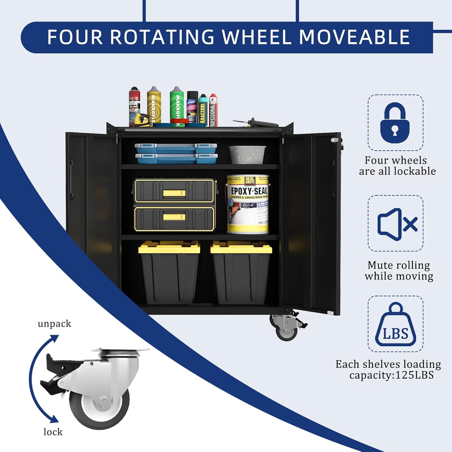 Metal Tool Cabinet,Garage Storage Cabinet System,Wall Cabinet & Locking Rolling Tool Cabinet with Doors and Adjustable Shelves,Steel Tool Cabinets for Home,Office (2 Pcs-StyleC, Black)