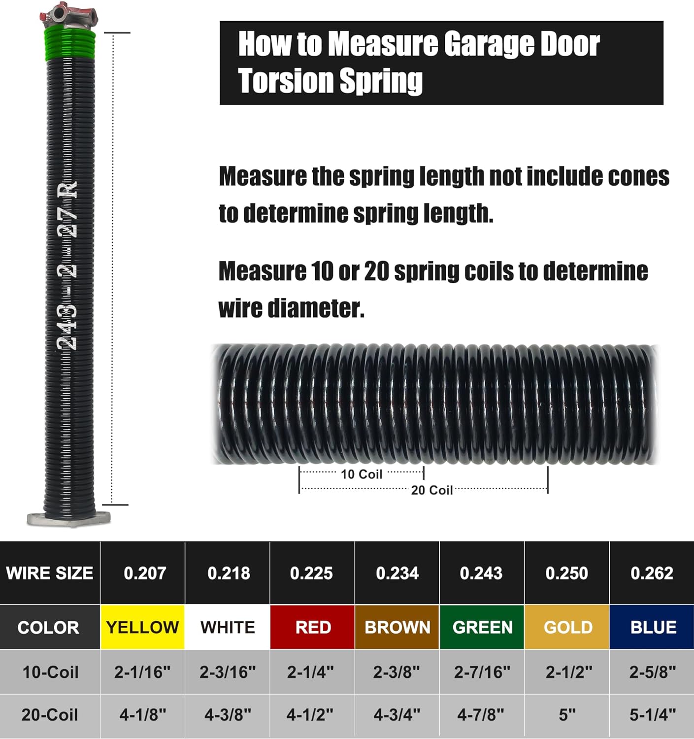 Garage Door Torsion Spring Set, Pair of 2" Electrophoresis Coated Garage Door Spring Replacement with 2 Non-Slip Winding Bars and Bearing, Minimum 16000 Cycles (.243x2x27)