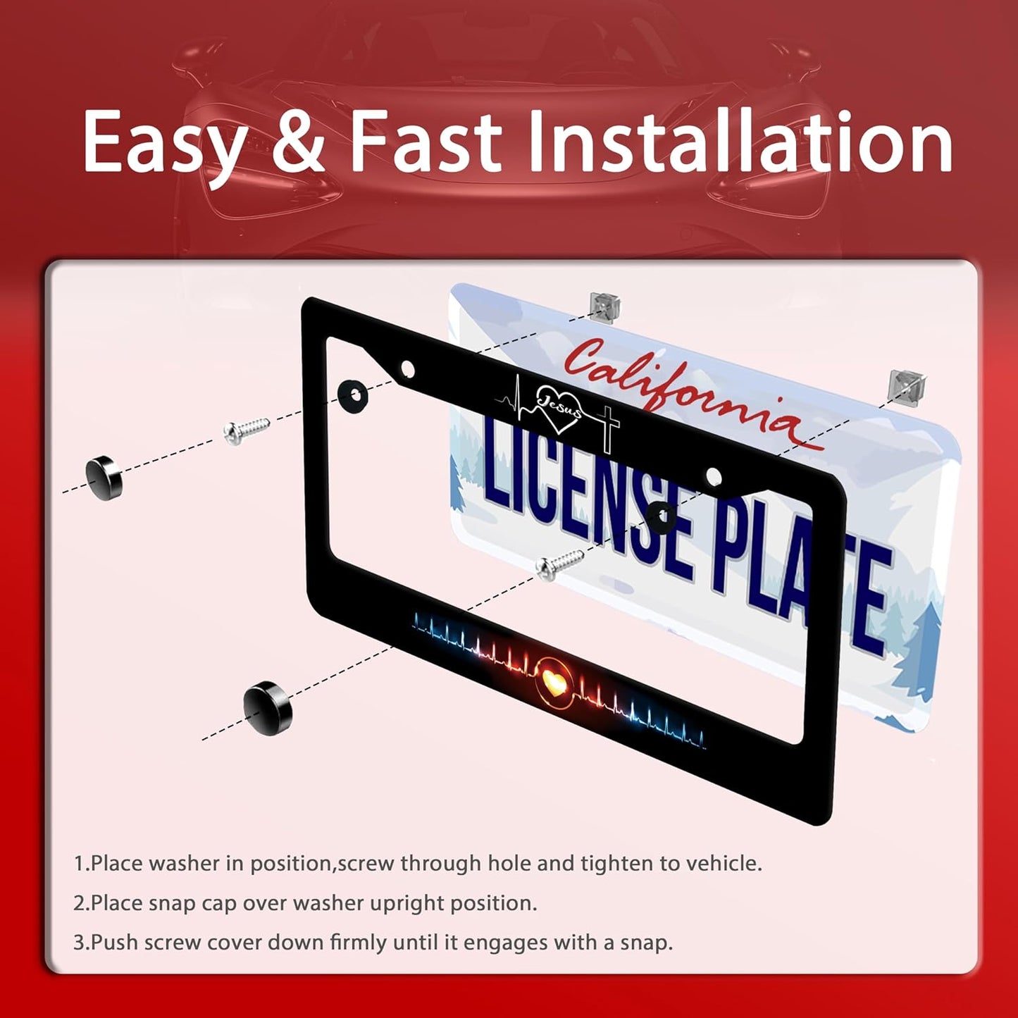Jesus Heart Rate line License Plate Frame Christian Religious License Plate Frames Stainless Steel Accessories Cars Decor with 2 Holes and Screws Fits Standard US CA Vehicles Size 12.2 x 6 Inches