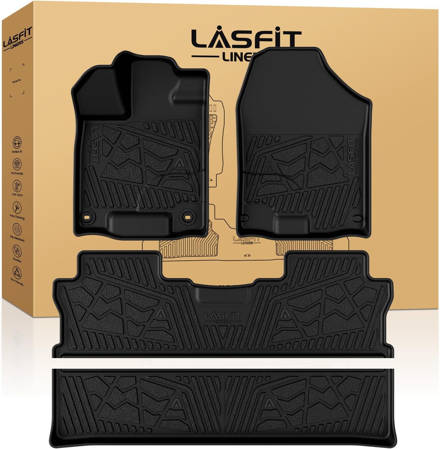 LASFIT Floor Mats for Honda Ridgeline 2025 2024 2023-2017 Crew Cab, All Weather Protection TPE Non-Slip Custom Fit Automotive Accessories Floor Liners 1st & 2nd Row, Black