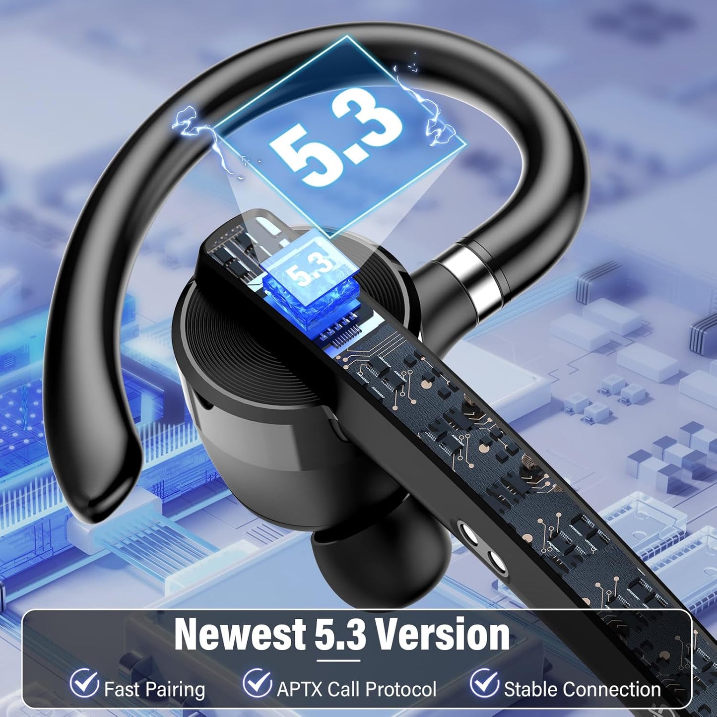 Bluetooth Headset, Wireless Bluetooth 5.3 Earpiece, 90Hrs Hands Free Headset with APTX HD Audio & Mute Button, Dual Noise Cancelling Mics, Single-Ear Headphone for Trucker/Business/Gym/Blue