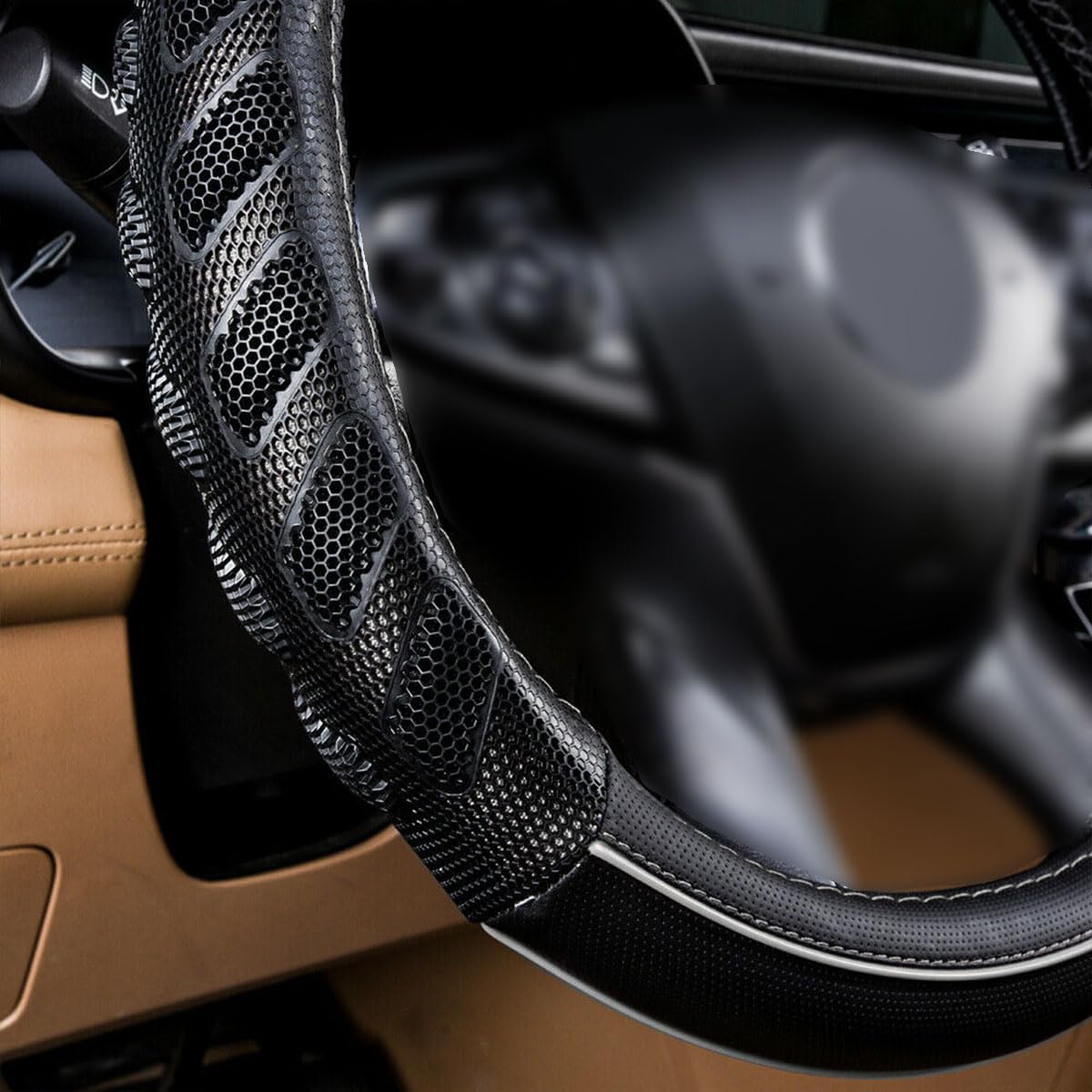 Flying Banner car Steering Wheel Cover Faux Leather Massage Universal fit 3D Honeycomb Hole Anti-Slip Sporty 15 Inches (Grey Black)
