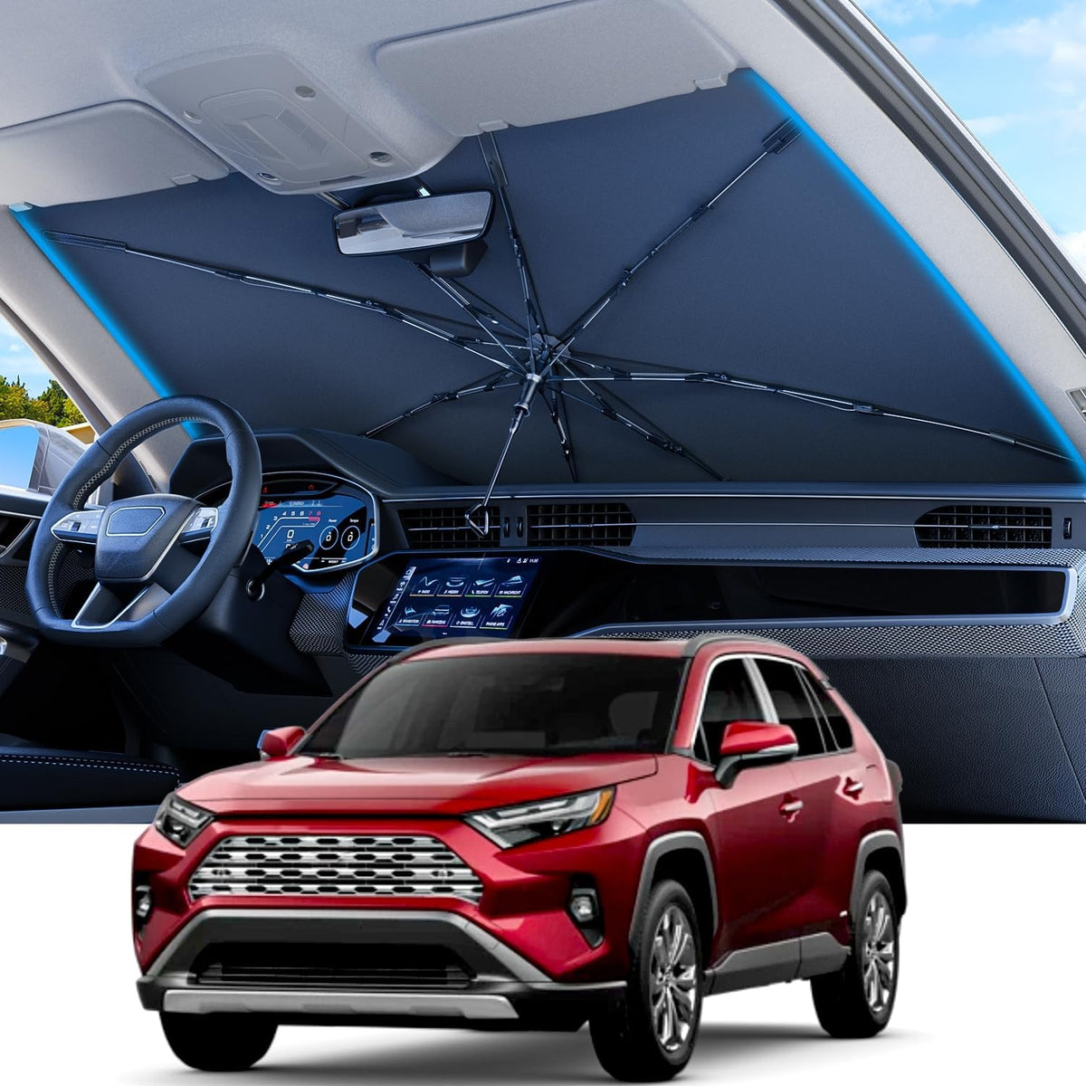 REEVAA 2025 Upgraded Car Windshield Sun Shade Umbrella [100% Sun Protection & Keep Cool] Protect Interior, 360° Flex Handle Sun Shield Sunshade, Medium (57''x32'') for Most SUV/Truck